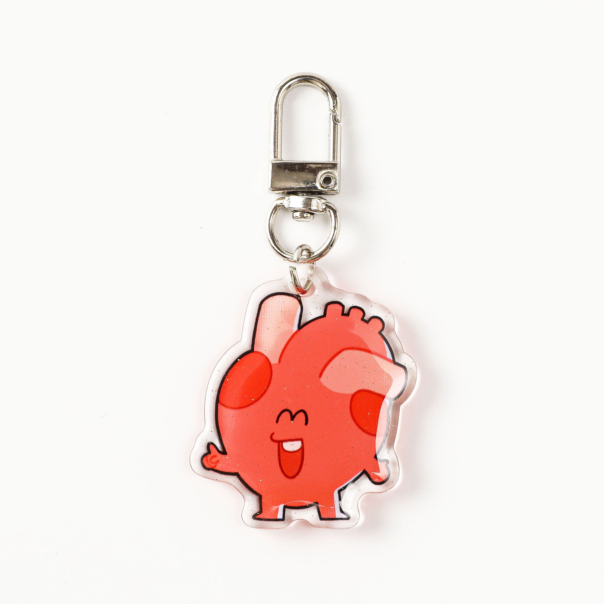 Cartoon heart organ acrylic charm featuring vivid colors and a durable swivel keyring, an adorable gift for healthcare workers, biology fans, and anatomy collectors.
