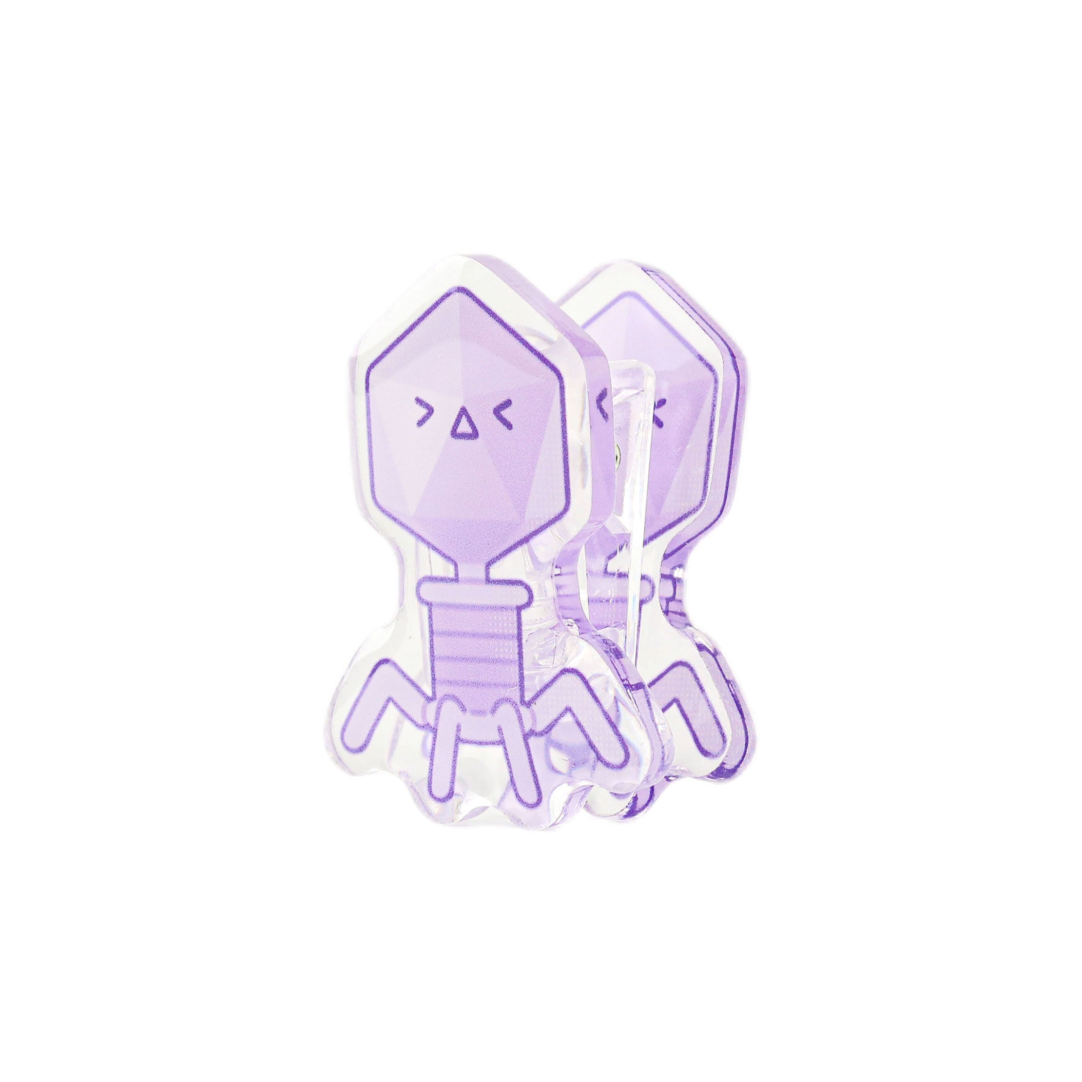 Cute purple bacteriophage acrylic paper clip with a playful cartoon virus shape, perfect for sorting worksheets, research notes, and printed documents.