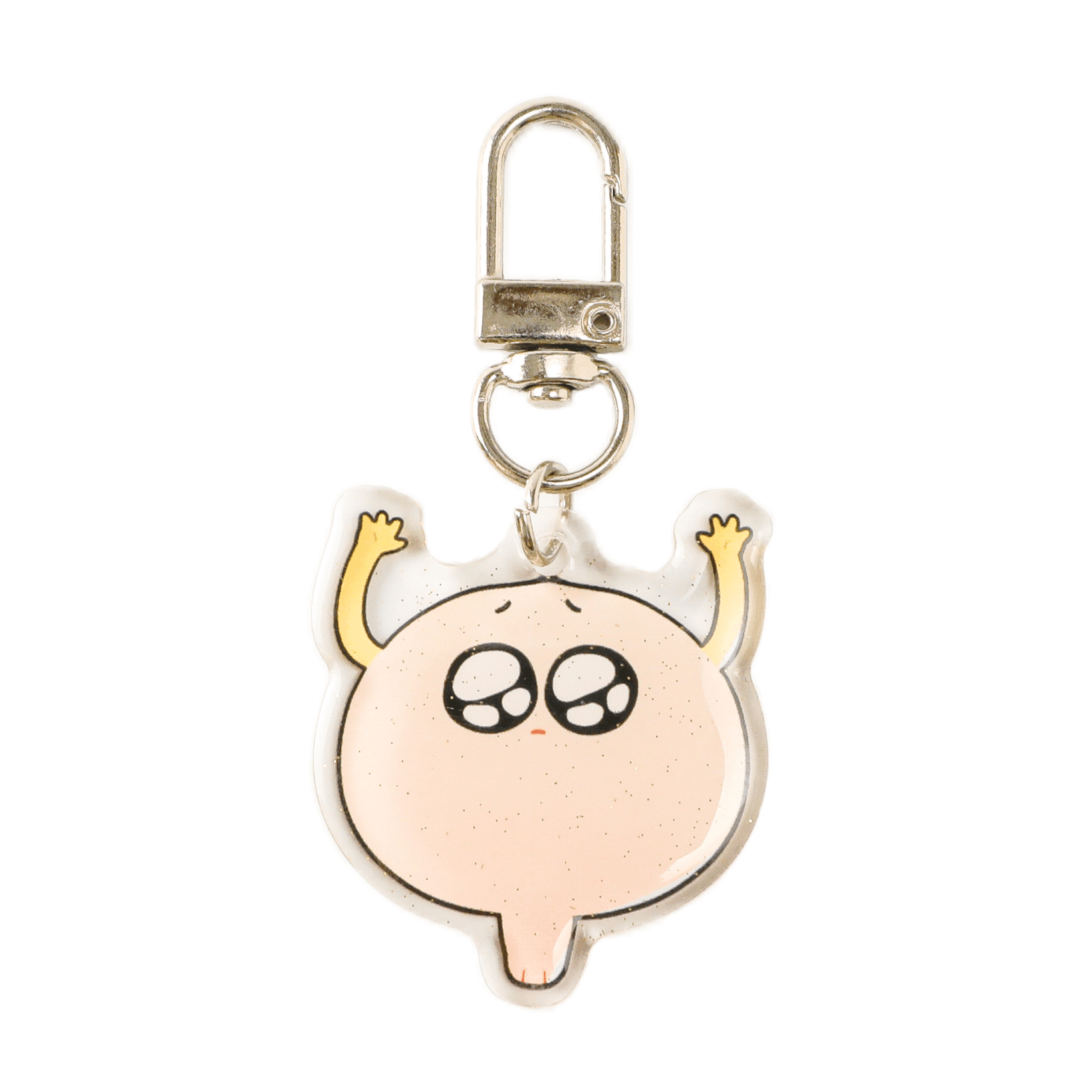 Glitter bladder acrylic keychain with a cute teary-eyed cartoon expression, transparent polished edges, and a sturdy metal clasp for everyday accessories.