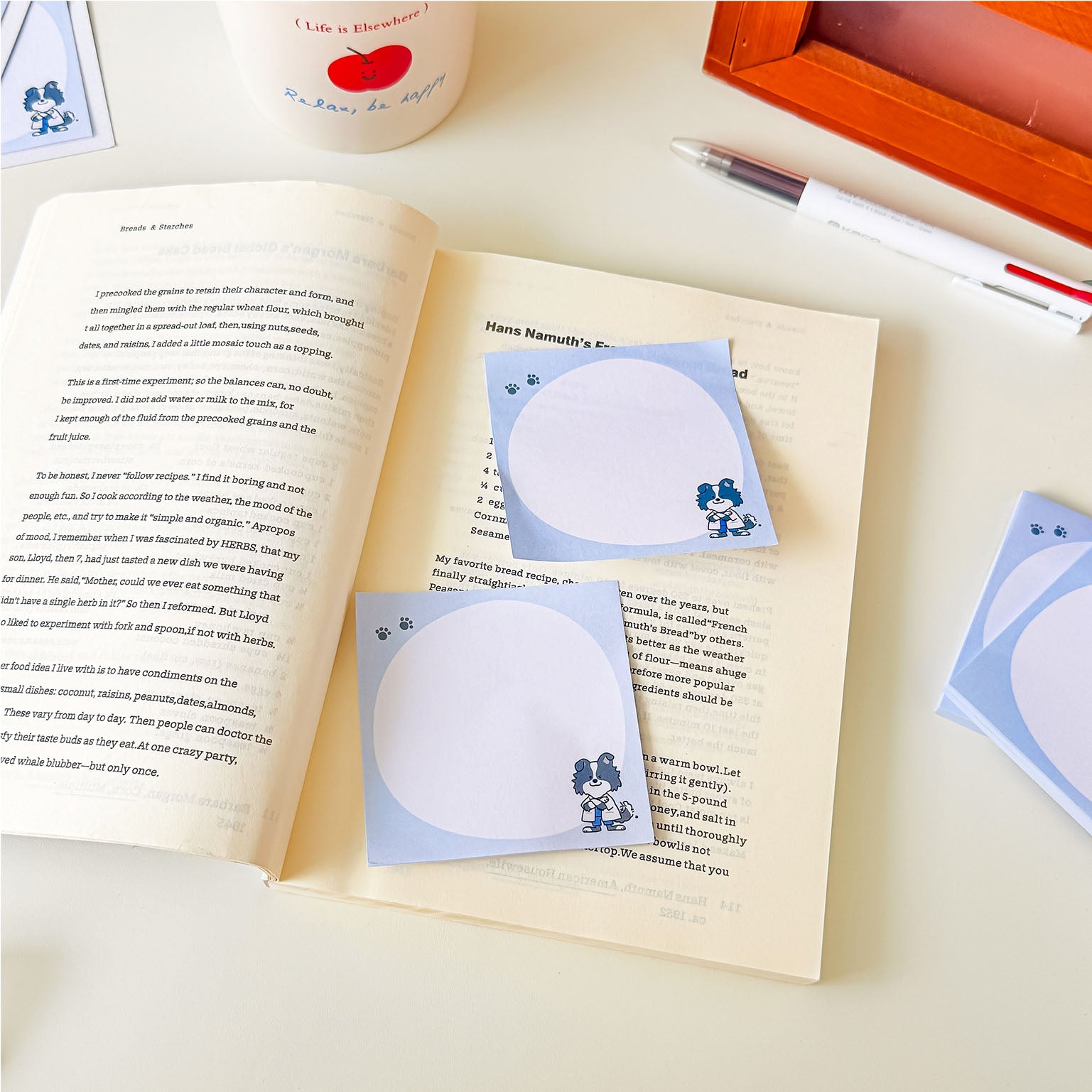 Laboratory-themed sticky notes with a cartoon Border Collie scientist and soft blue background for school or office use.