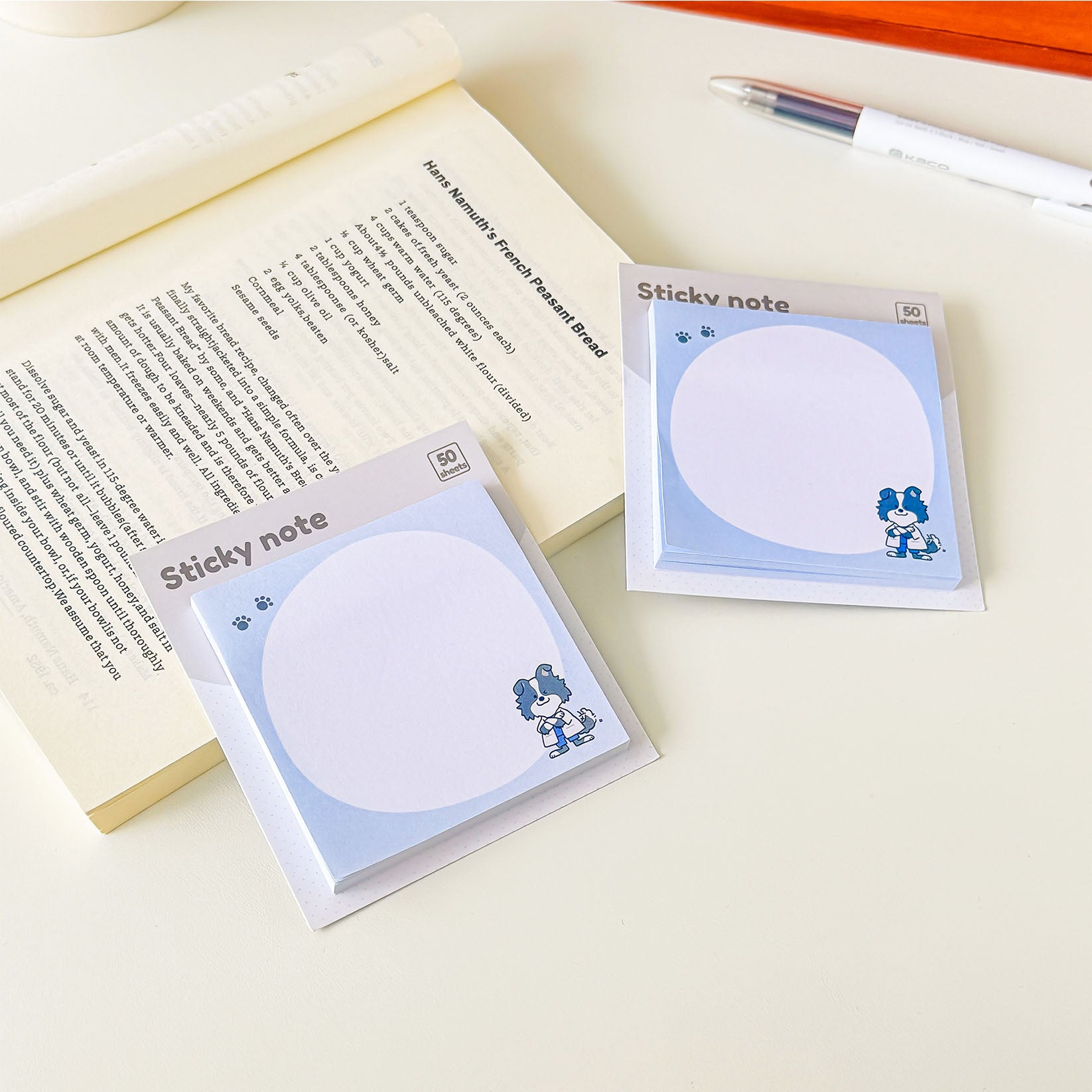 Animal-themed memo sticky notes with an adorable scientist dog illustration, paw print accents, and a large blank writing space.