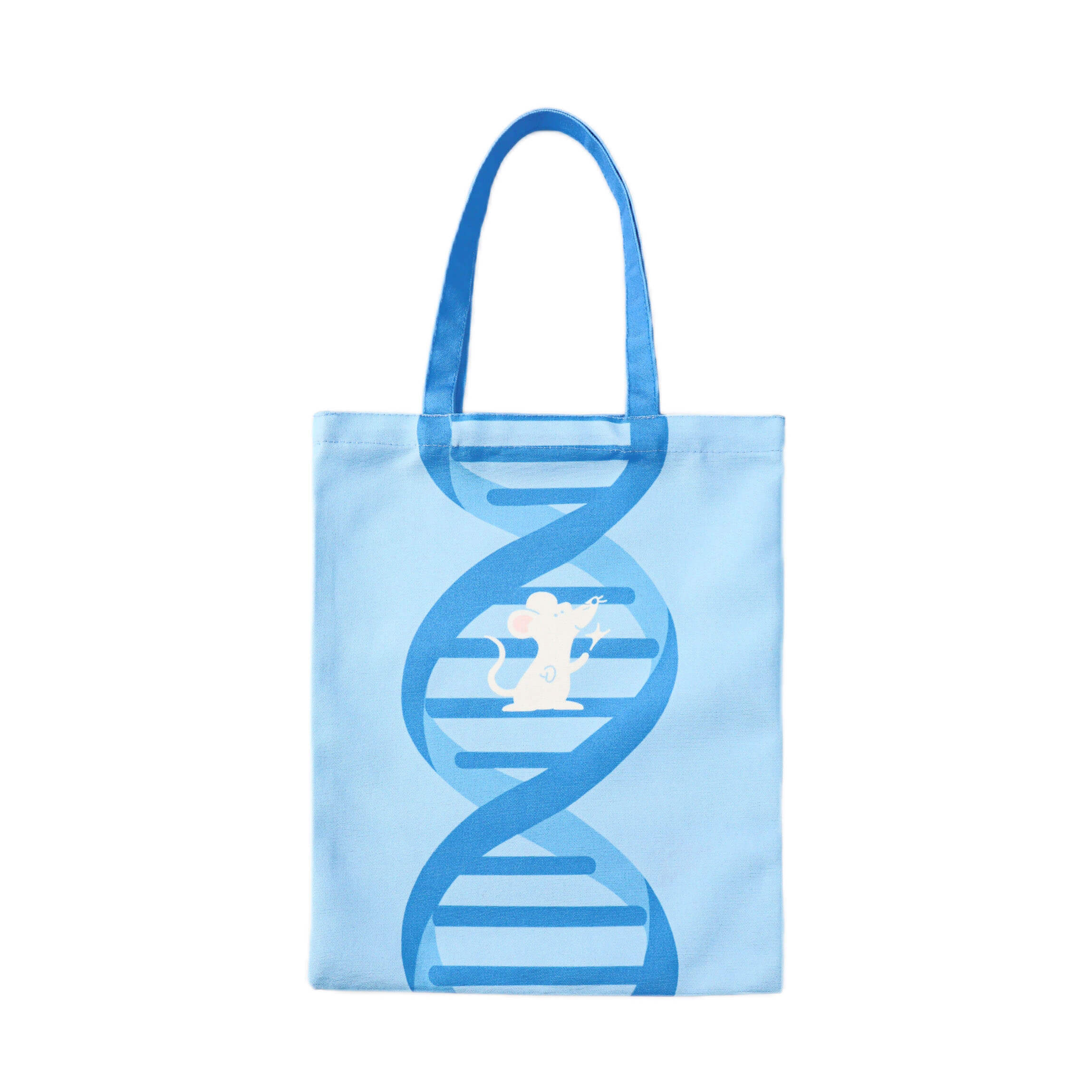 Cartoon mouse canvas carry bag with an oversized genetic helix graphic, combining playful laboratory artwork with a lightweight design for travel and daily errands.