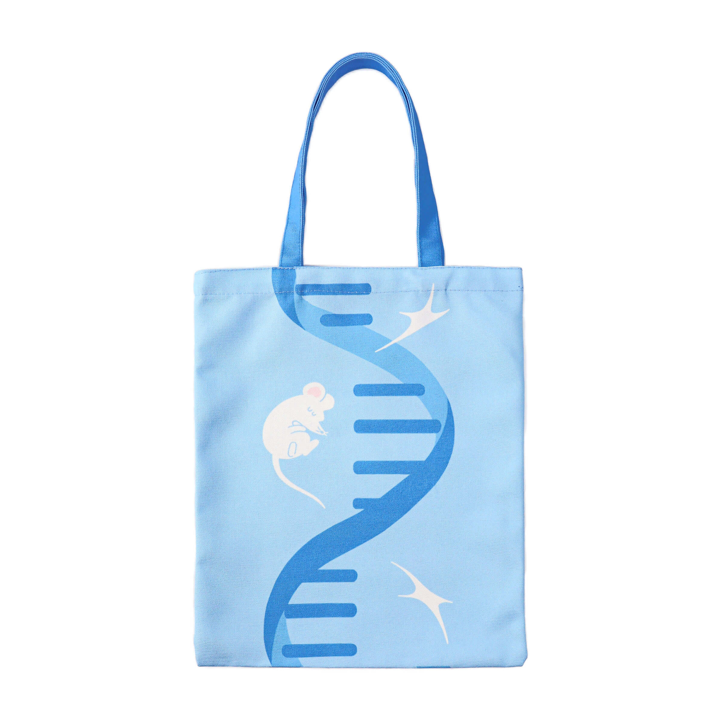 Reusable blue fabric tote showcasing a modern molecular-inspired print with an adorable research mouse, ideal for conferences, library visits, and science events.