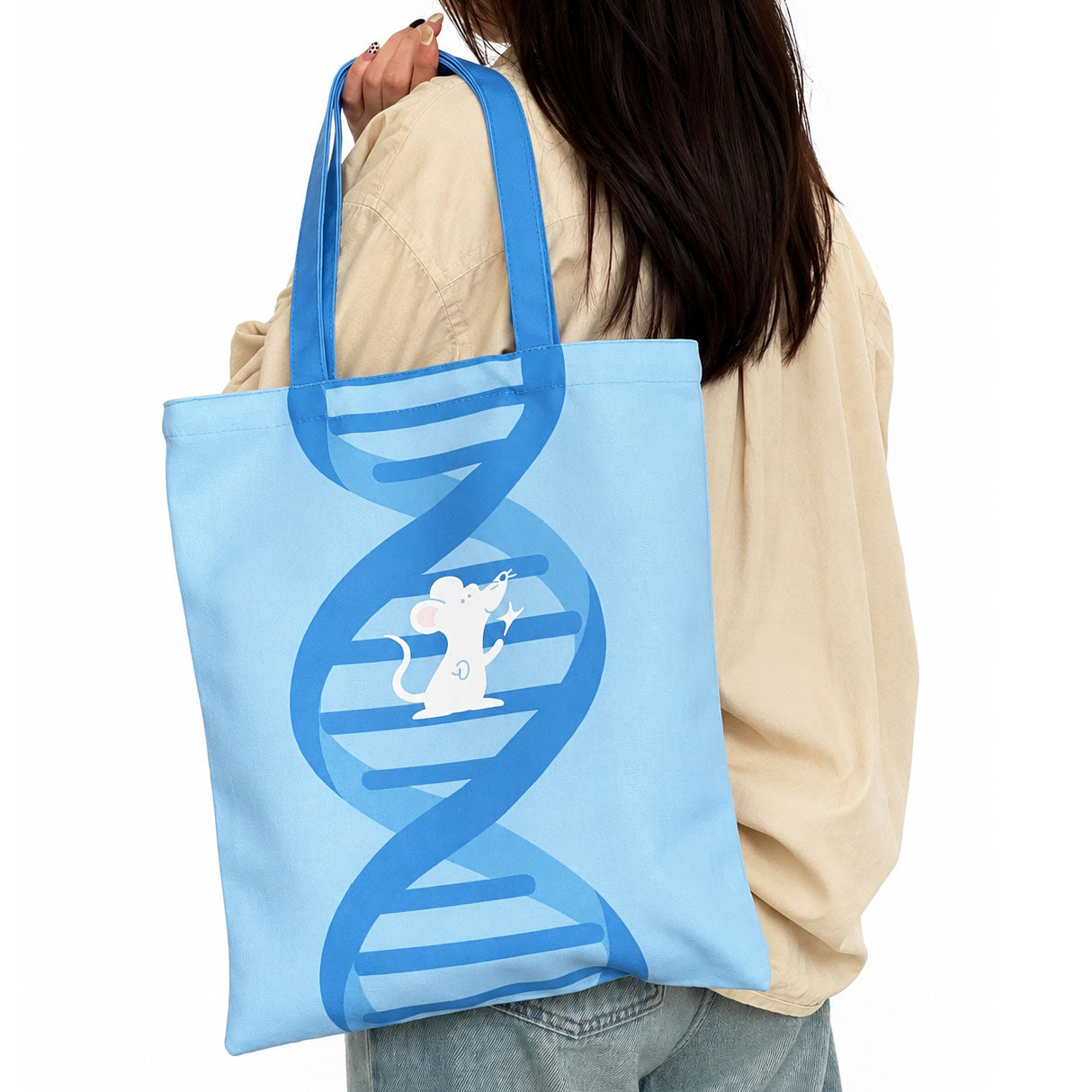 Reusable laboratory-themed canvas shopping bag decorated with a large DNA strand and cartoon mouse artwork for science lovers and researchers.