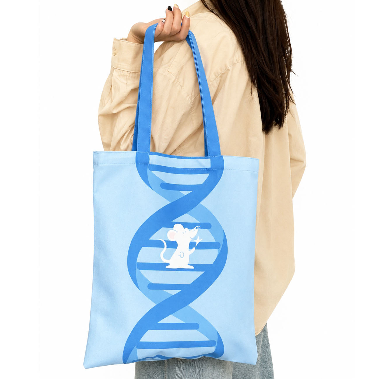 Cute DNA mouse canvas tote with long shoulder straps and vibrant blue artwork, combining practical storage with a playful scientific style.
