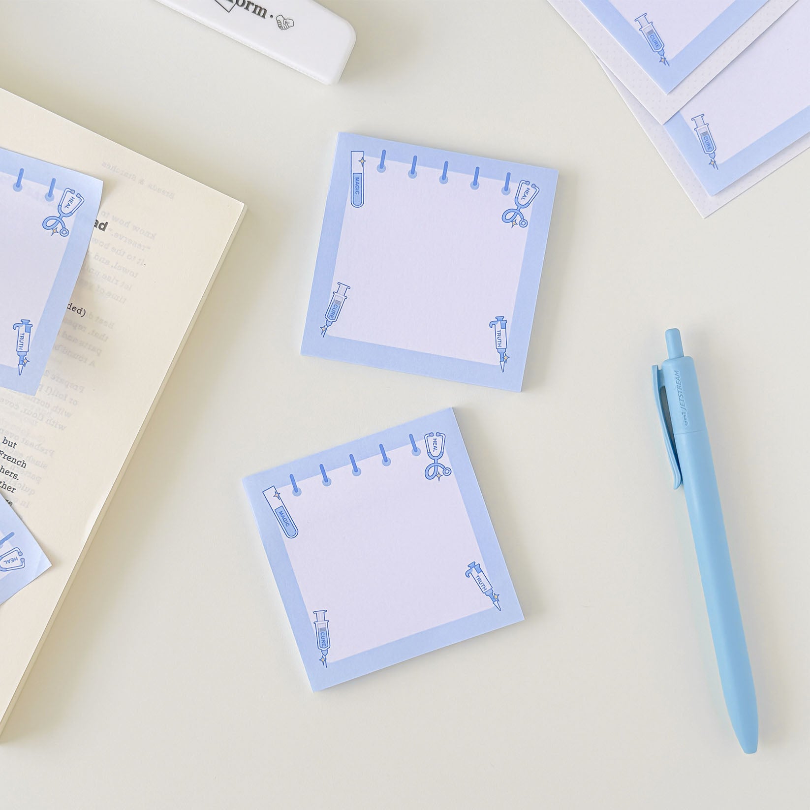 Laboratory-themed memo pad with blue medical instrument graphics, ideal for reminders, study notes, and office tasks.