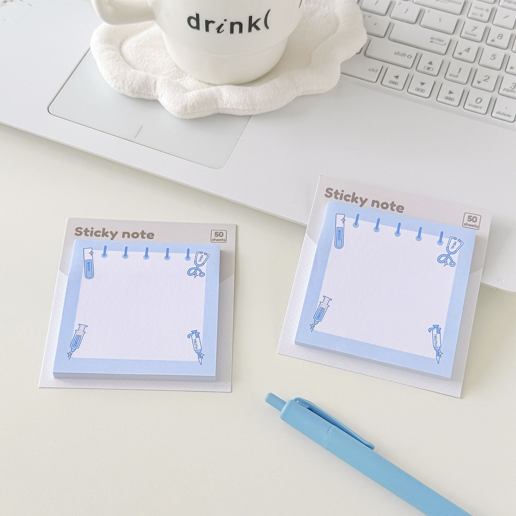 Science-inspired sticky note pad decorated with cute laboratory equipment icons and a minimalist blue border.
