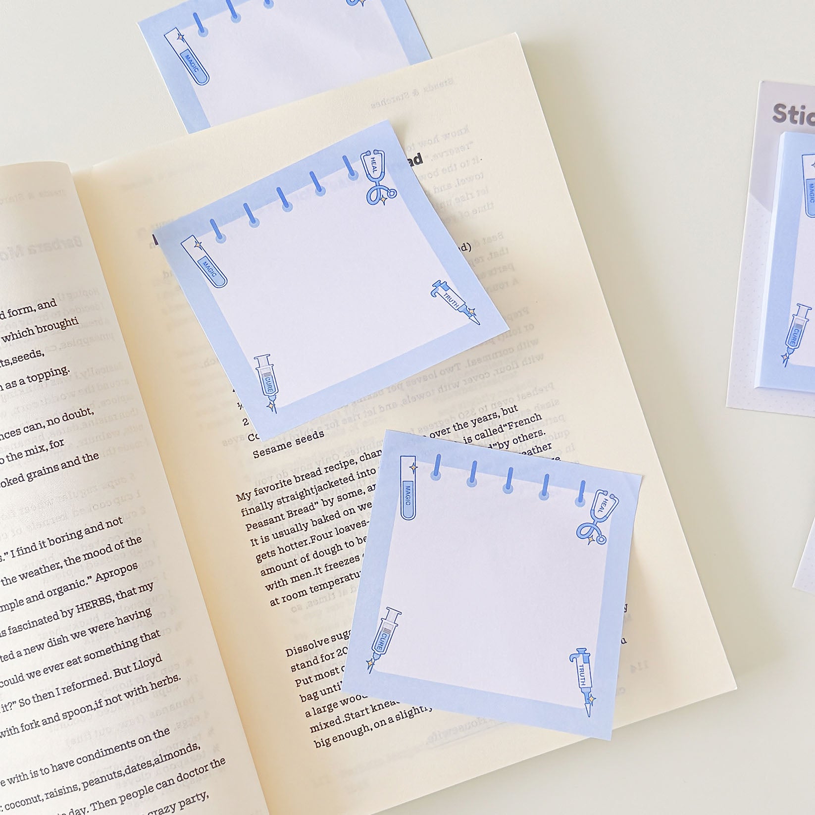 Medical stationery sticky notes with chemistry and healthcare illustrations for school, office, or laboratory use.