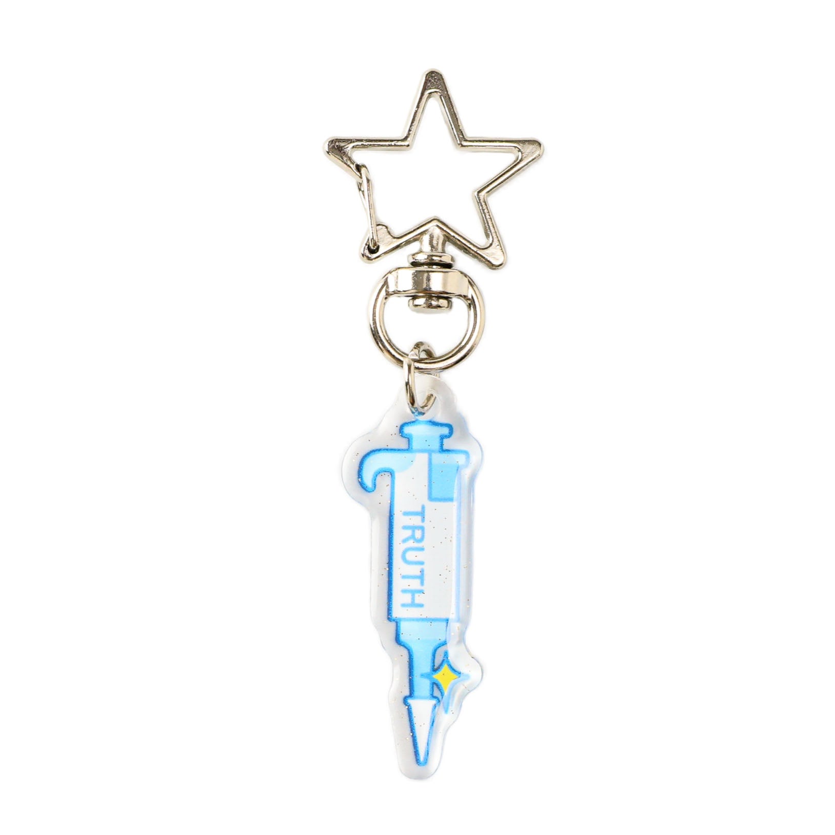 Blue acrylic pipette keychain with glitter finish, star clasp, and science-inspired laboratory design for keys, backpacks, and gifts.