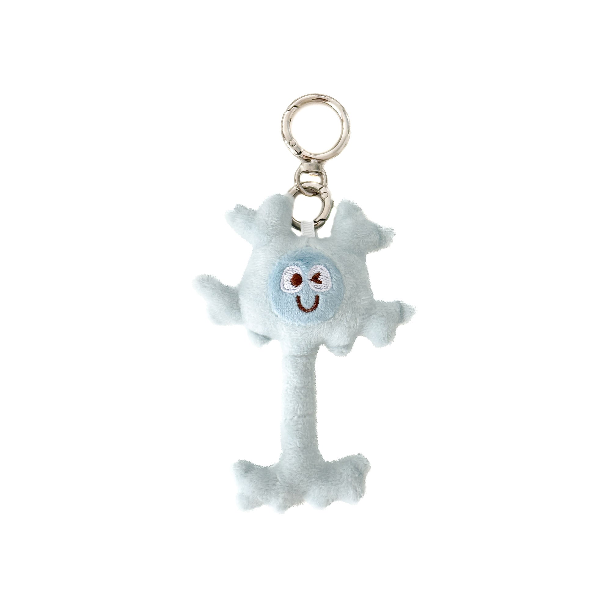 Cute blue plush neuron keychain with embroidered smiling face and silver metal key ring.