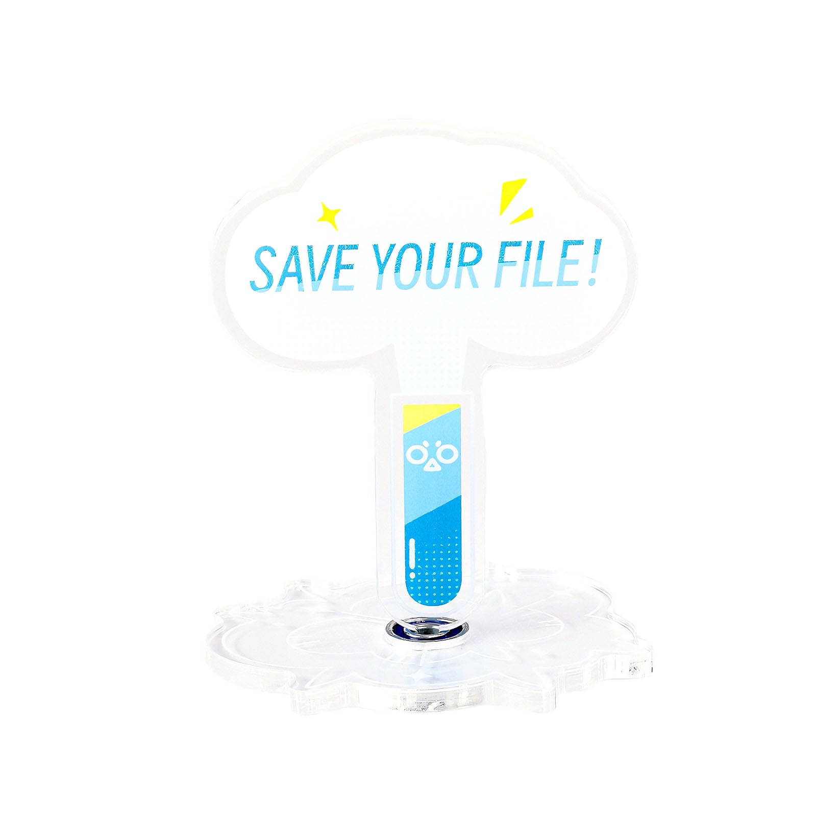 Blue "SAVE YOUR FILE!" acrylic stand with a cute test tube design for laboratory and science desk decor.