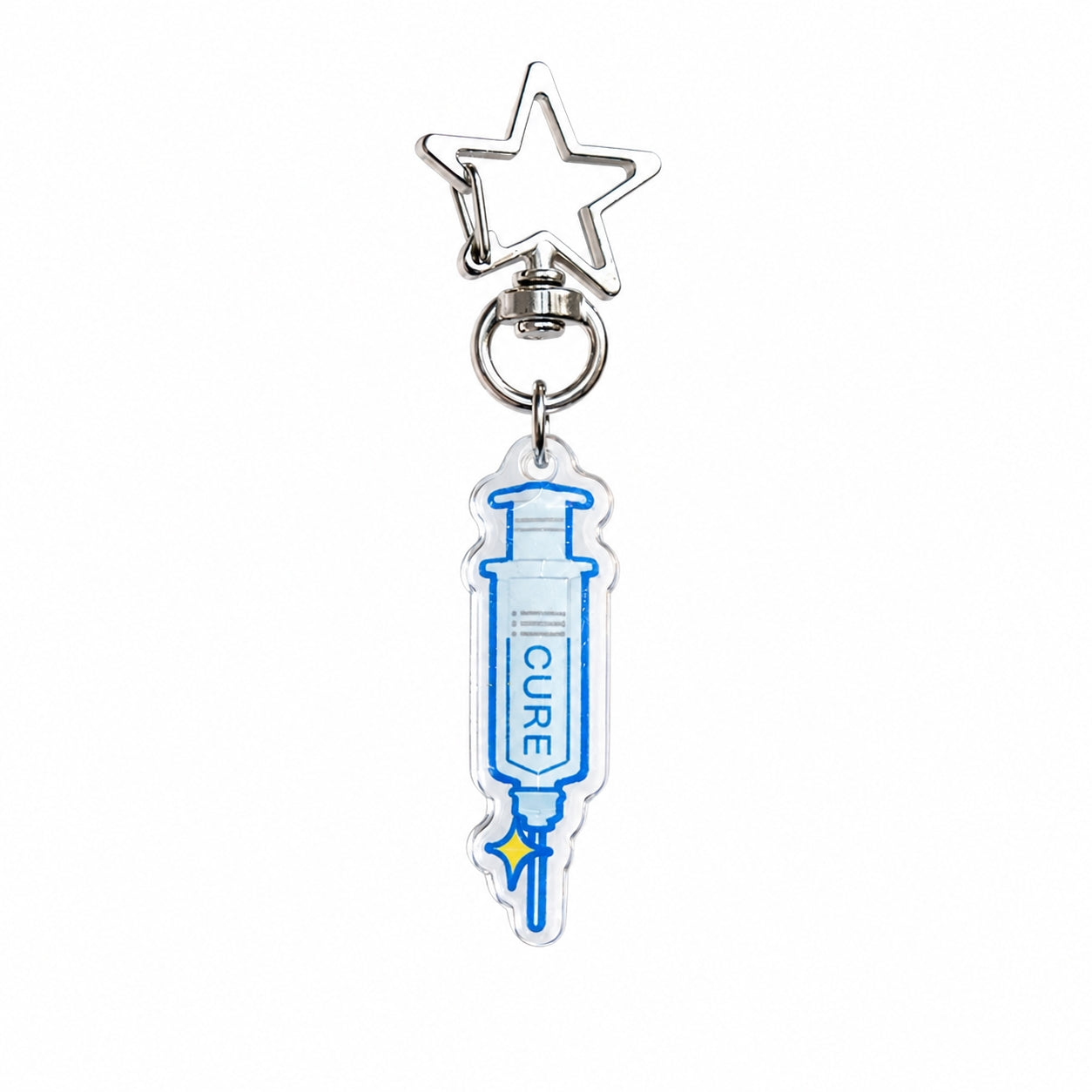 Blue glitter acrylic syringe keychain with transparent finish, star-shaped metal clasp, and cute laboratory-inspired accessory for keys and backpacks.