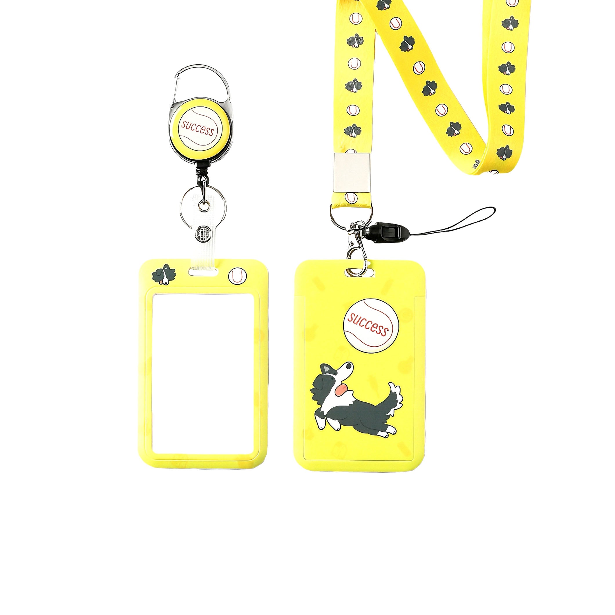 Yellow Border Collie ID Badge Holder Set with Baseball Theme, Matching Lanyard, and Retractable Reel