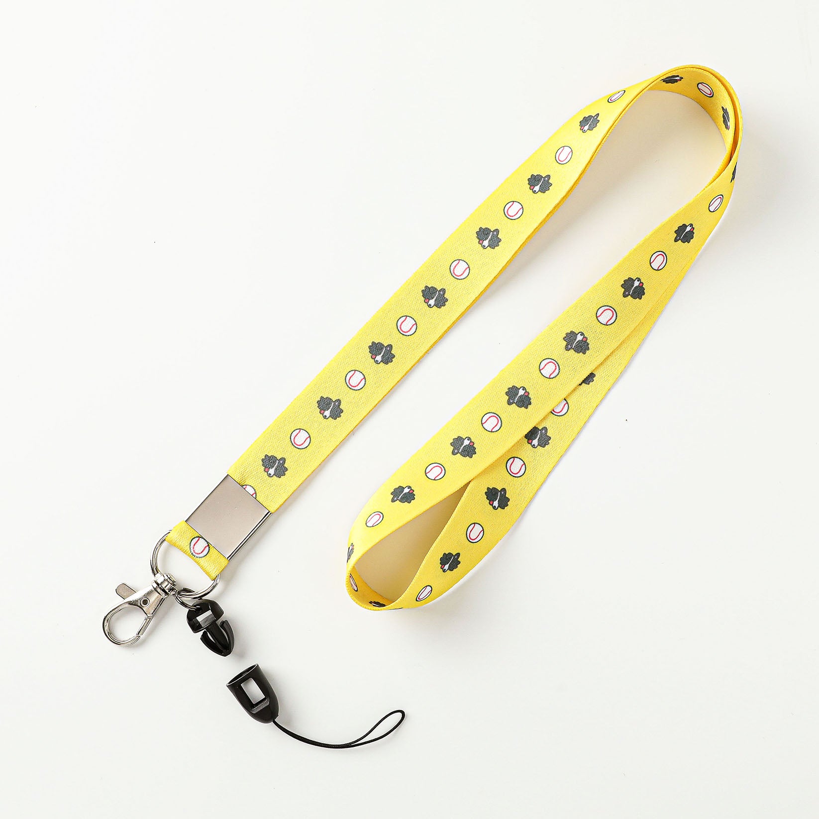 Yellow Baseball Pattern Lanyard with Border Collie Print, Metal Clasp, and Detachable Wrist Strap