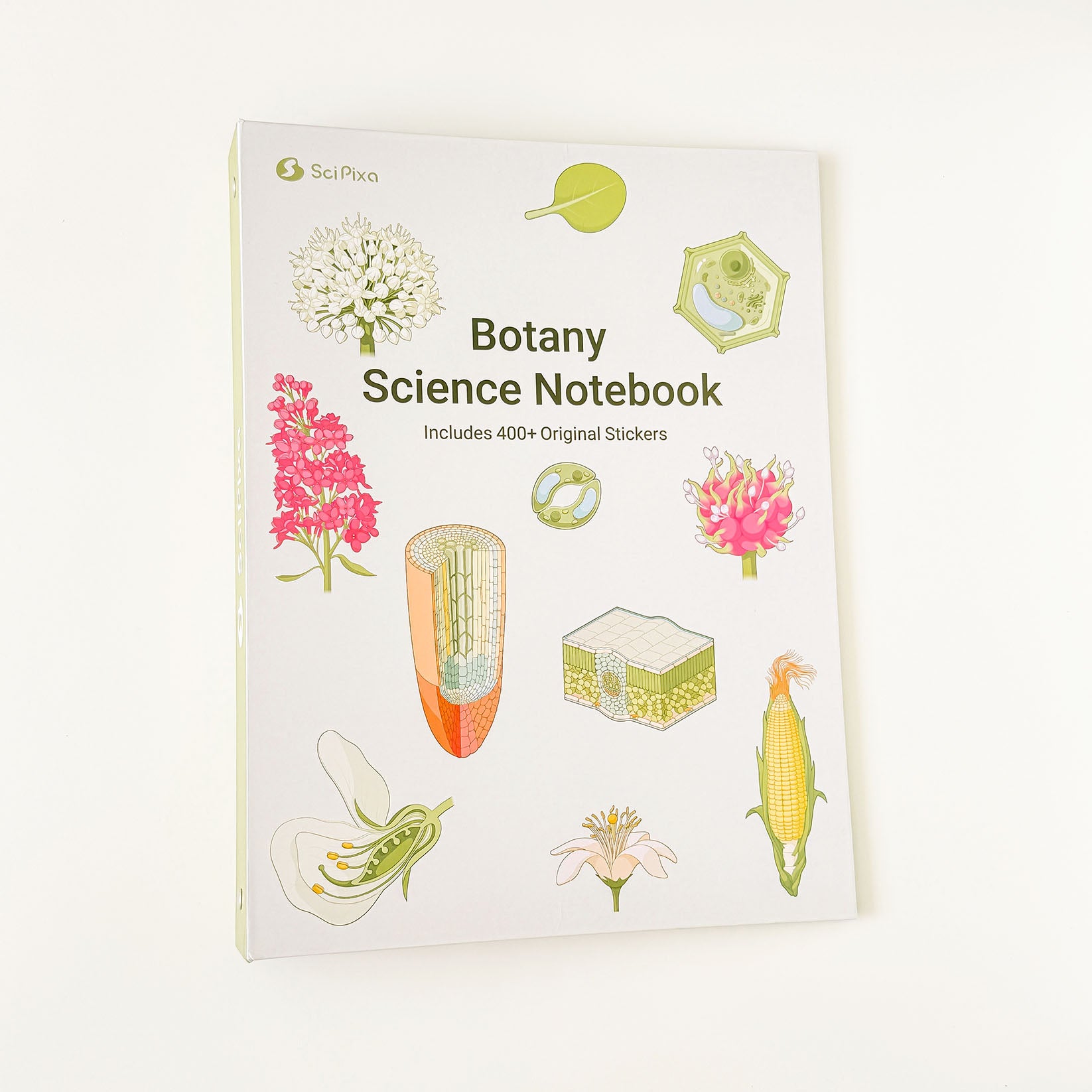 Botany science notebook with over 400 original stickers featuring plant anatomy, flowers, leaves, seeds, and botanical illustrations.