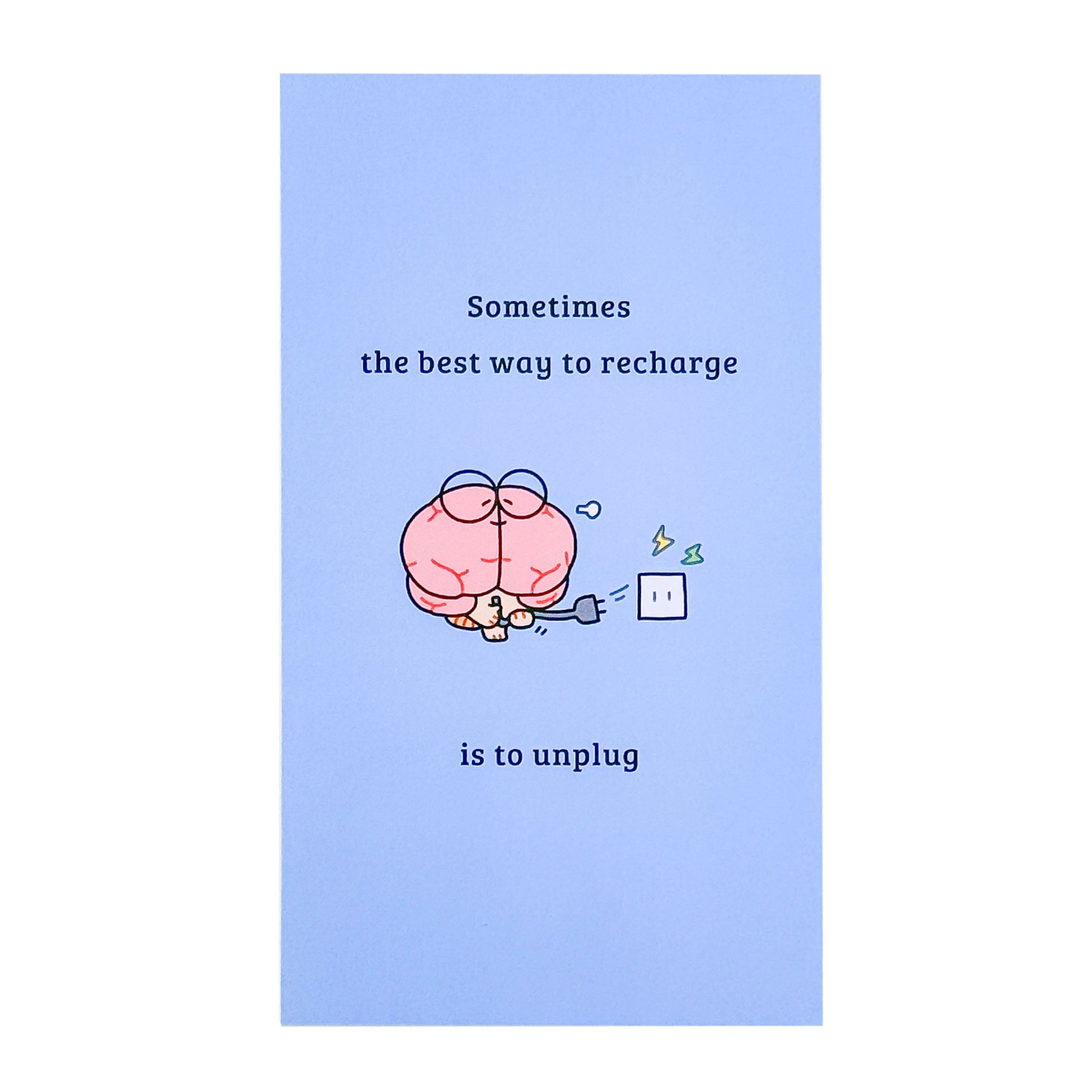 Brain recharge sticky notes with a cute cartoon brain illustration and motivational quote on a pastel blue memo pad.