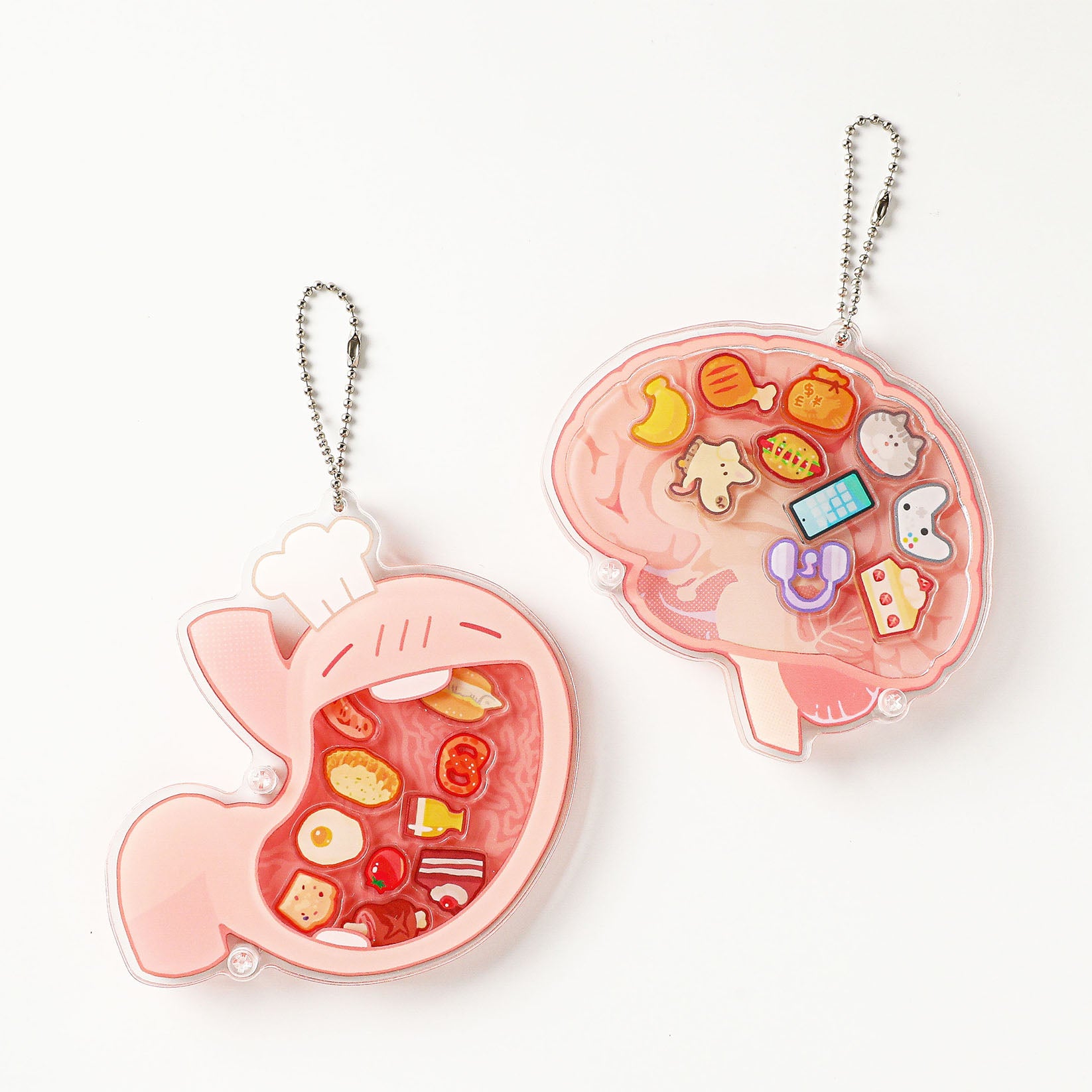 Medical-themed acrylic shaker keychains featuring cute stomach and brain designs with detailed anatomical illustrations, colorful miniature elements, and transparent layered construction for science lovers and healthcare professionals.
