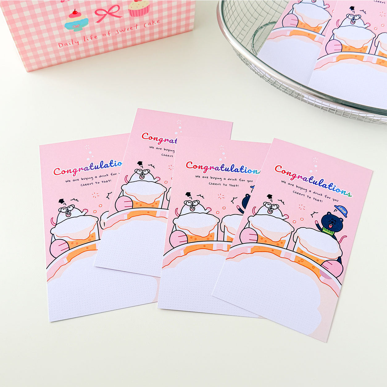 pink celebration sticky notes featuring happy mouse characters and congratulatory artwork for everyday encouragement.