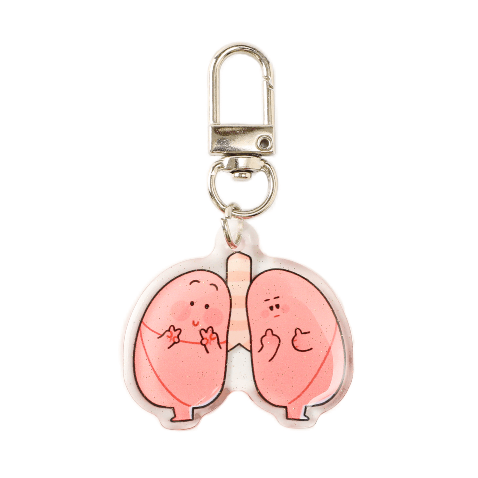 Smiling cartoon lungs acrylic keychain with glitter finish and silver lobster clasp, a playful anatomy accessory for everyday use.