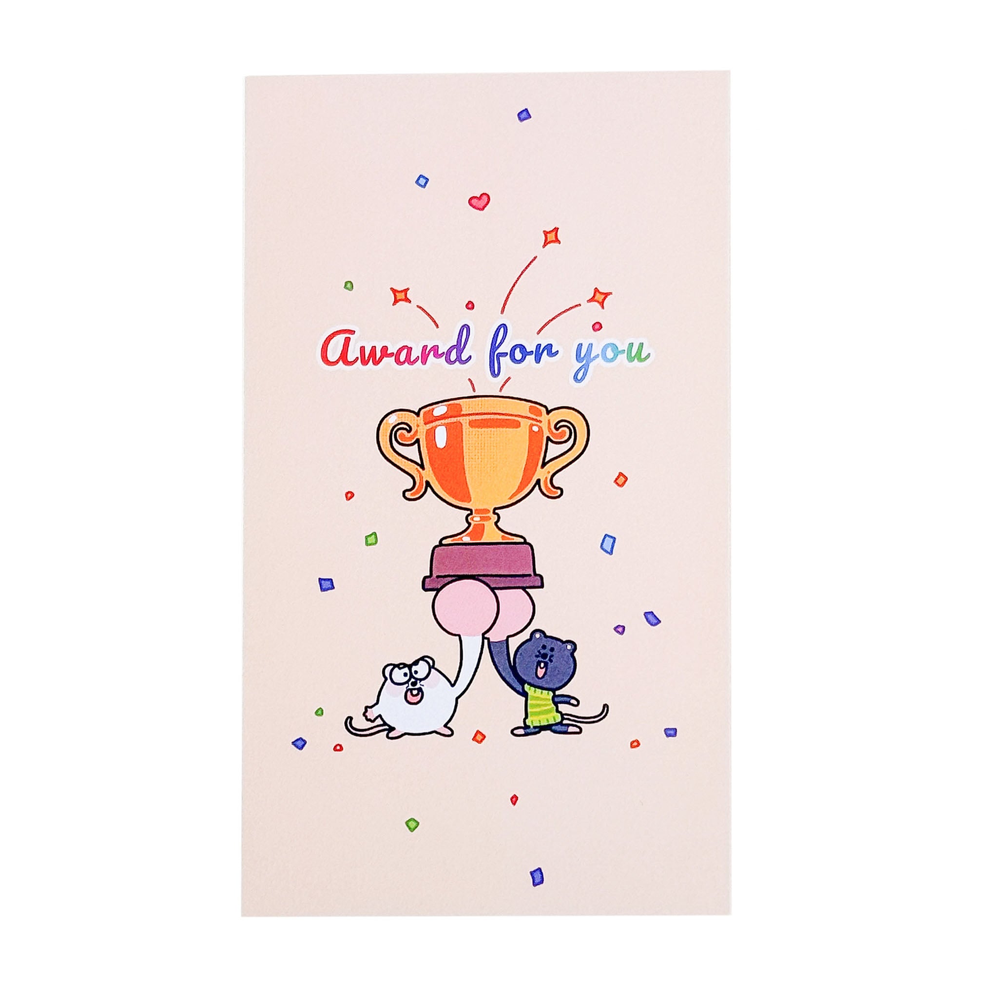 Cute award sticky notes featuring cartoon mice holding a trophy, colorful confetti, and a cheerful celebration design for encouragement.