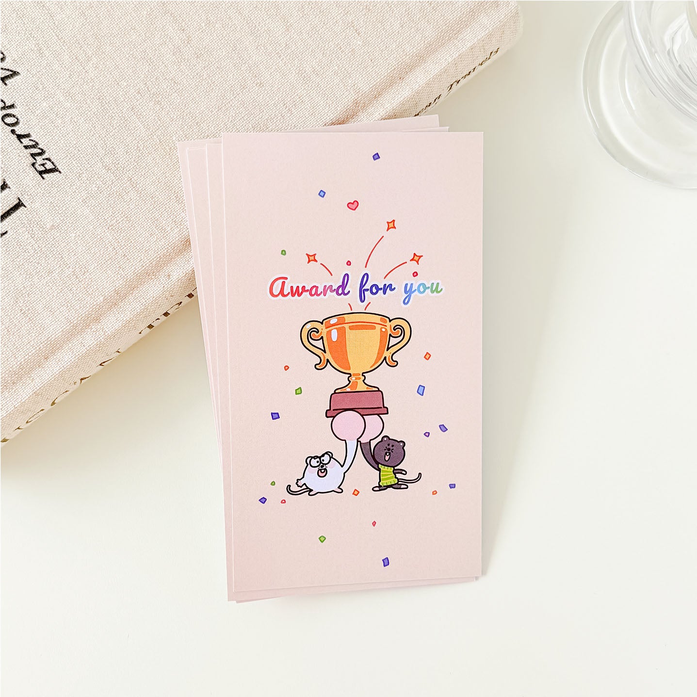 Animal sticky notes with an award cup design, adorable mouse characters, and festive confetti accents.