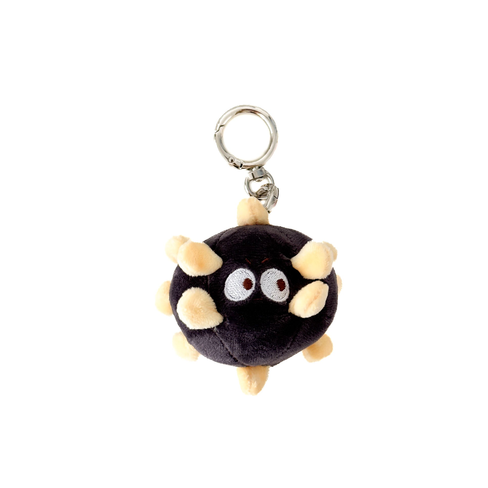 Cute virus plush keychain with embroidered eyes and soft black microbe-inspired design.
