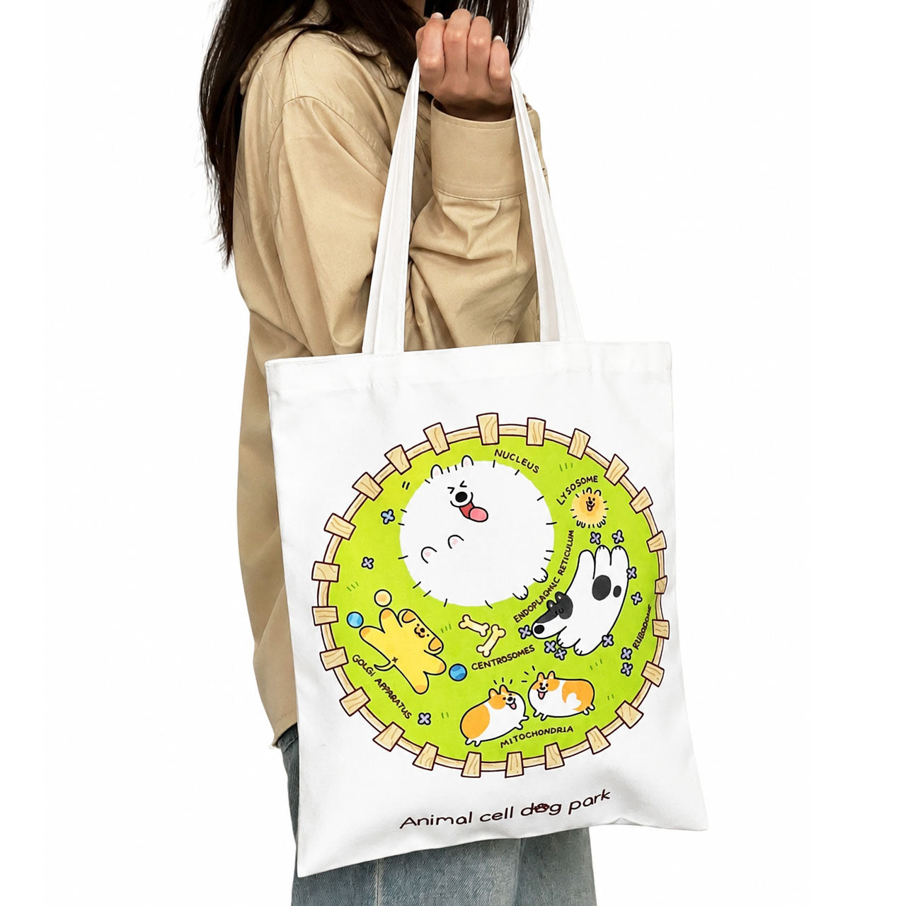 Eco-friendly cotton tote showcasing a creative animal cell illustration with cheerful dog characters, combining educational design with everyday practicality.