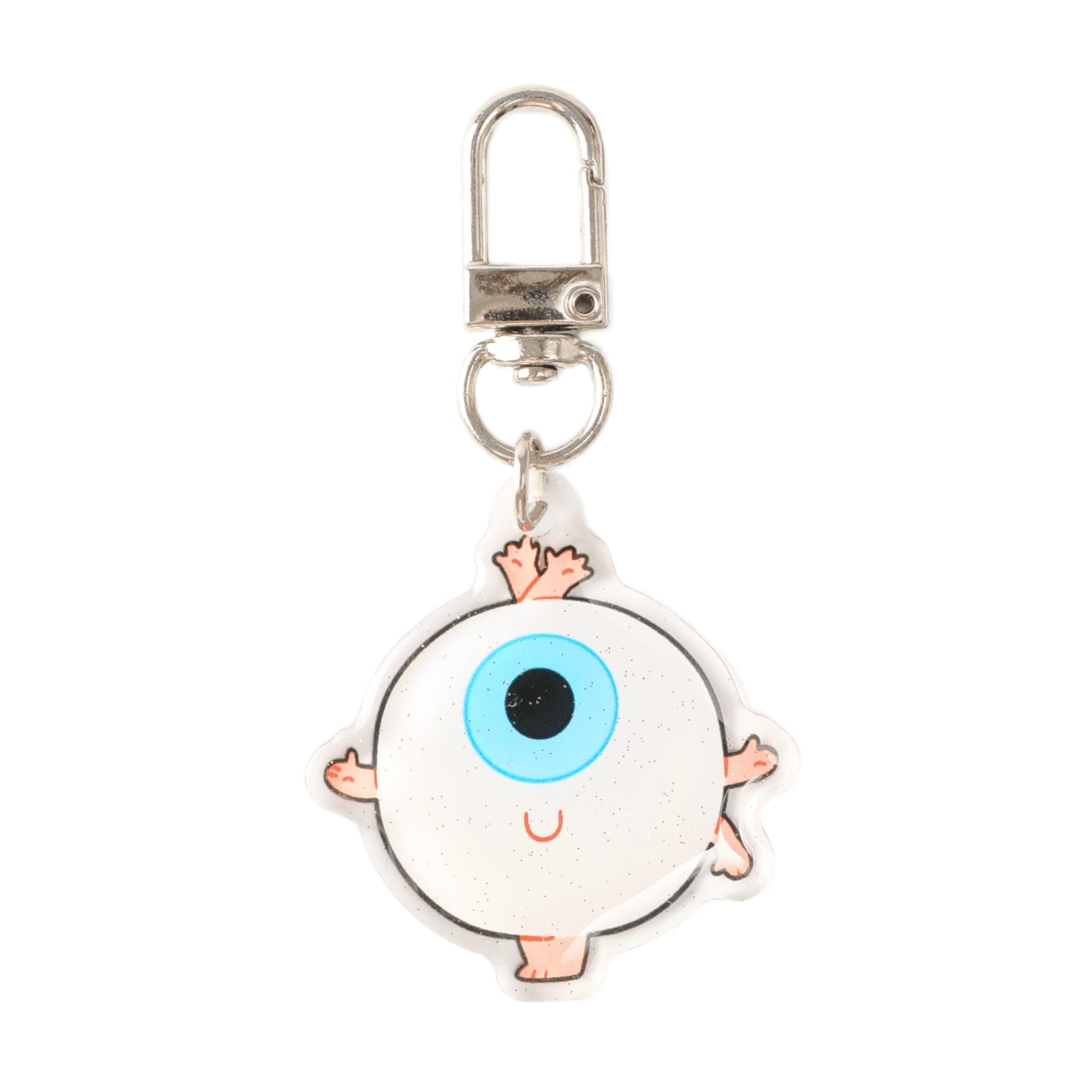 Cartoon eyeball acrylic keychain with a bright blue iris and sturdy metal swivel clasp, a playful science-inspired accessory for keys, bags, and gifts.