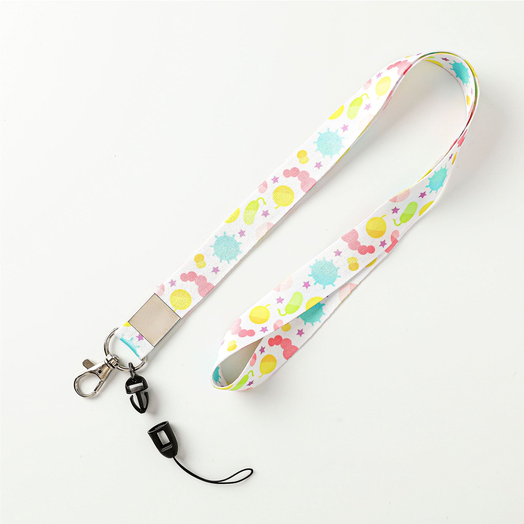 White Science Lanyard with Colorful Cartoon Microbe Pattern, Metal Clip, and Detachable Phone Loop