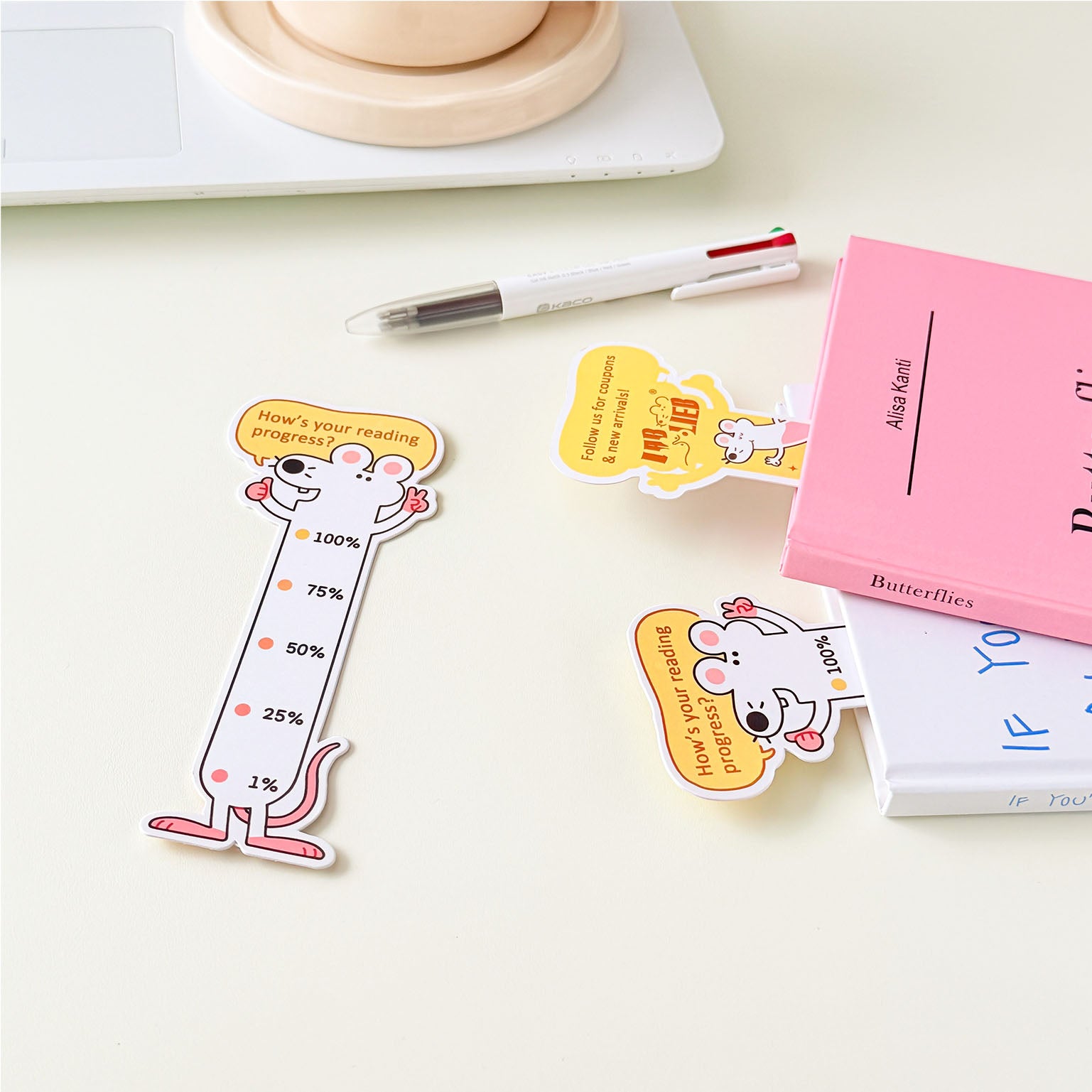Reading progress bookmark with an adorable mouse character and percentage scale for tracking book completion.