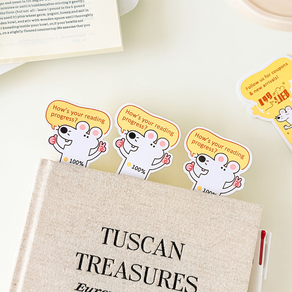 Mouse-themed reading tracker bookmark with colorful progress markers and cheerful cartoon illustration for everyday reading.