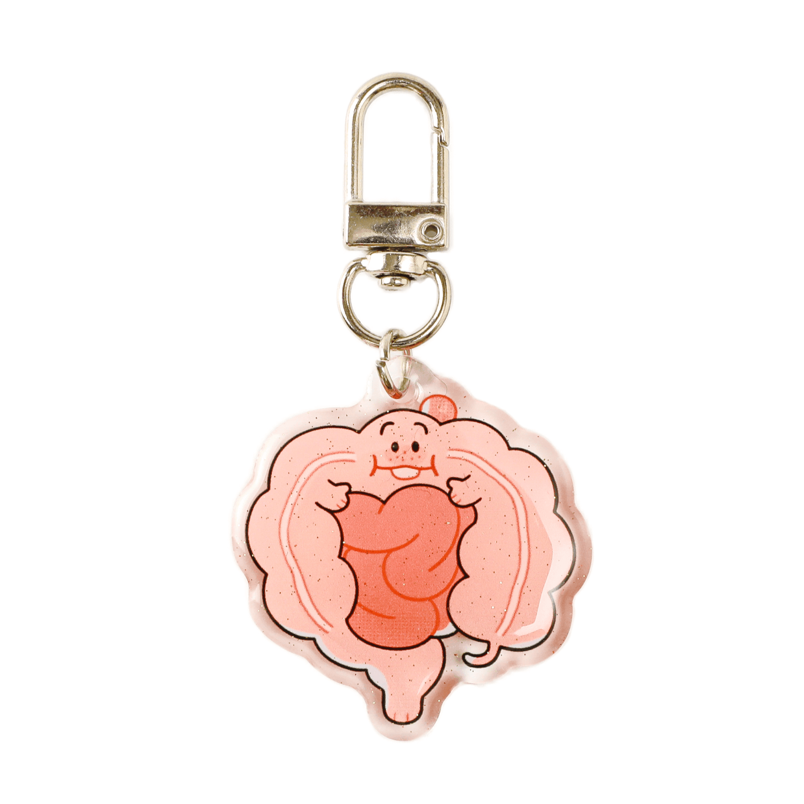 Cartoon intestine acrylic keychain with a sparkling finish, smiling expression, and premium metal clasp, inspired by the human digestive system.