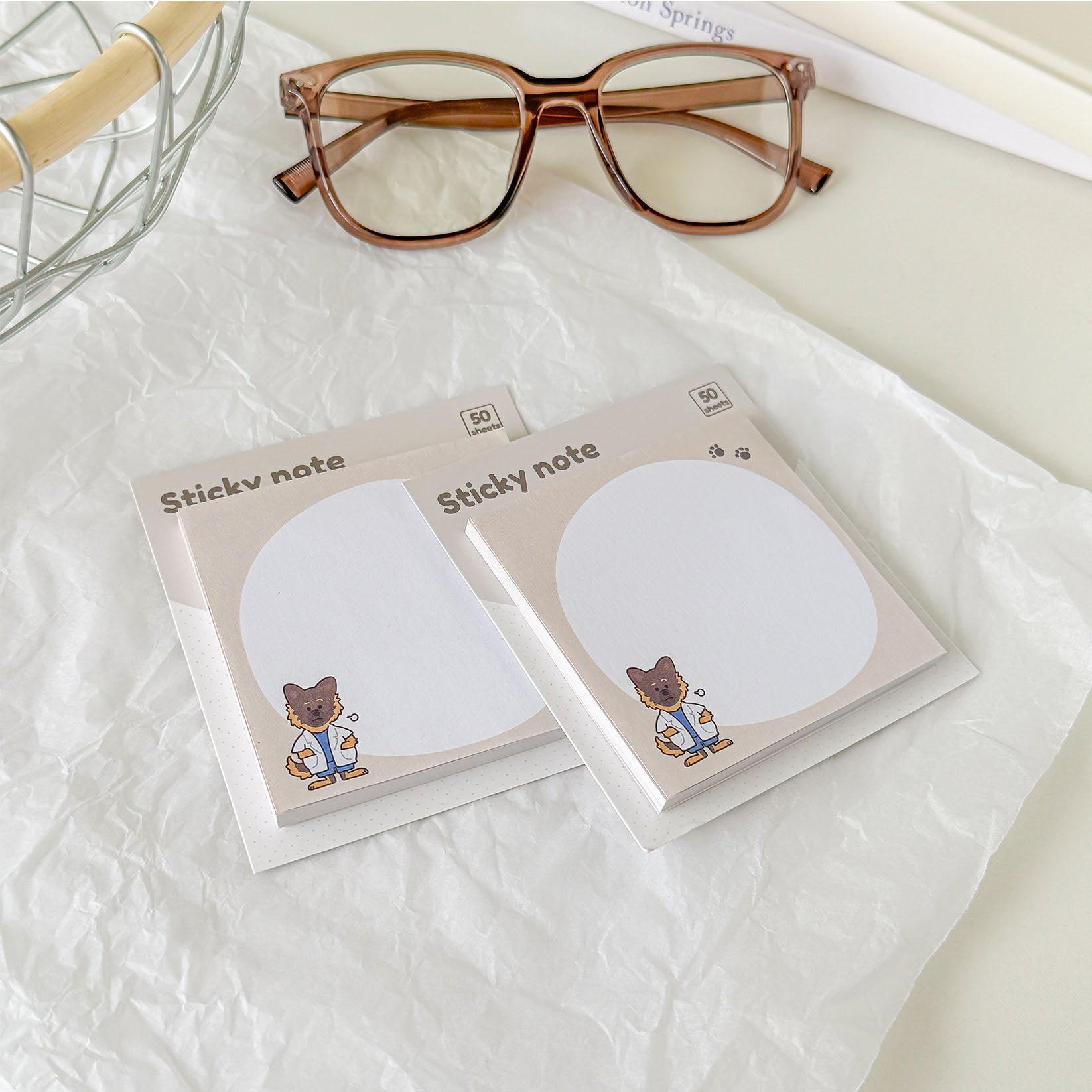 Animal-themed sticky notes with a research dog character, soft neutral colors, and a large writing space.
