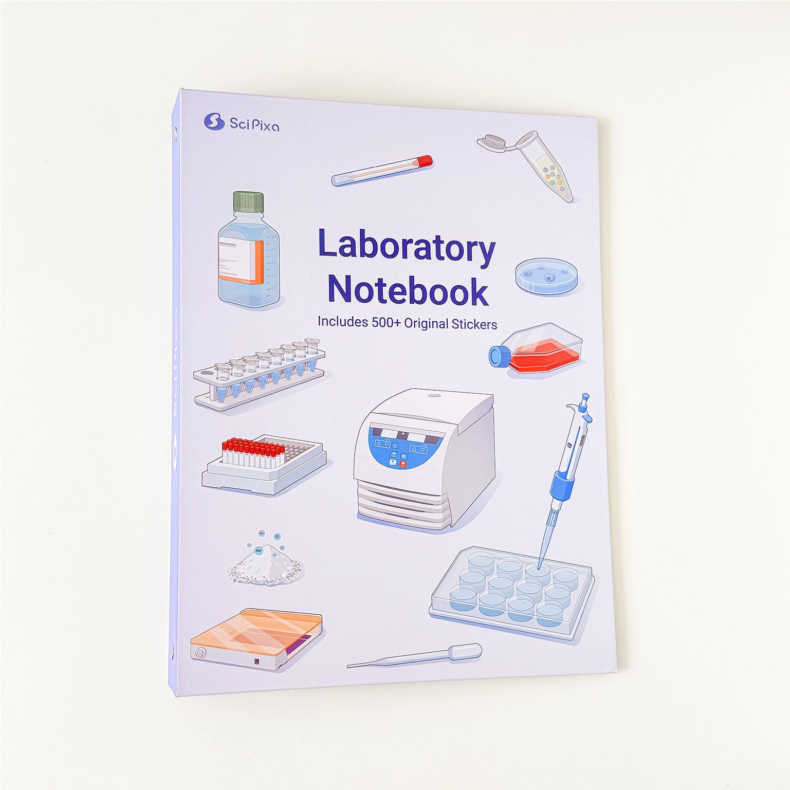 Purple laboratory notebook featuring scientific equipment illustrations including pipettes, test tubes, centrifuge, Petri dishes, and lab tools.