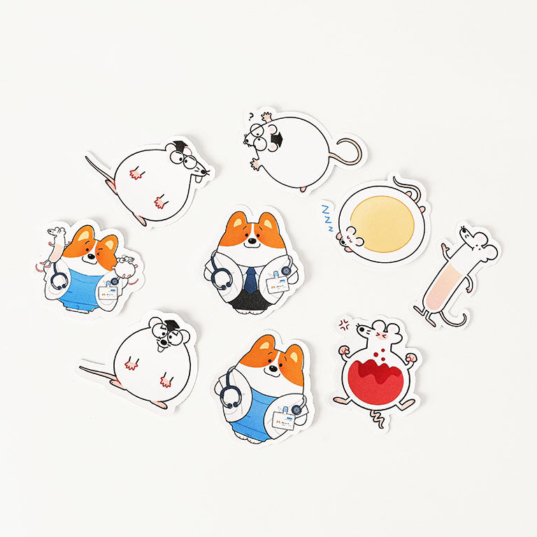 Cute laboratory mouse sticker set with cartoon science characters for notebooks, journals, laptops, and planners.