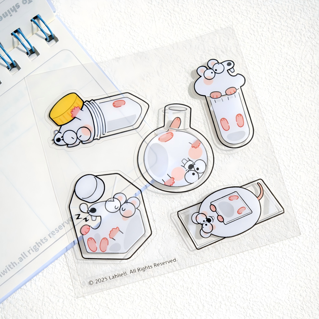 Science-themed waterproof mouse stickers with adorable laboratory illustrations, perfect for laptops, water bottles, and journals.