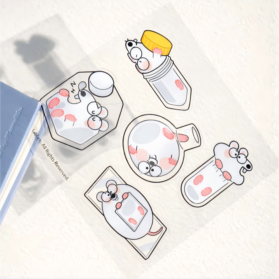 Cartoon lab mouse sticker collection with chemistry glassware designs, durable waterproof finish for everyday decoration.