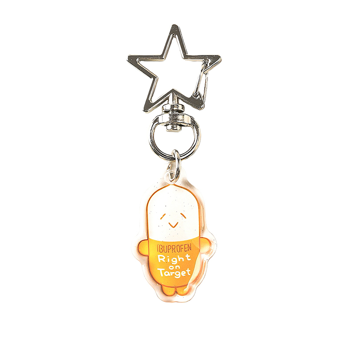 Cute ibuprofen capsule acrylic keychain with a smiling medicine character and silver star clasp, a playful accessory for backpacks, keys, and medical-themed gifts.