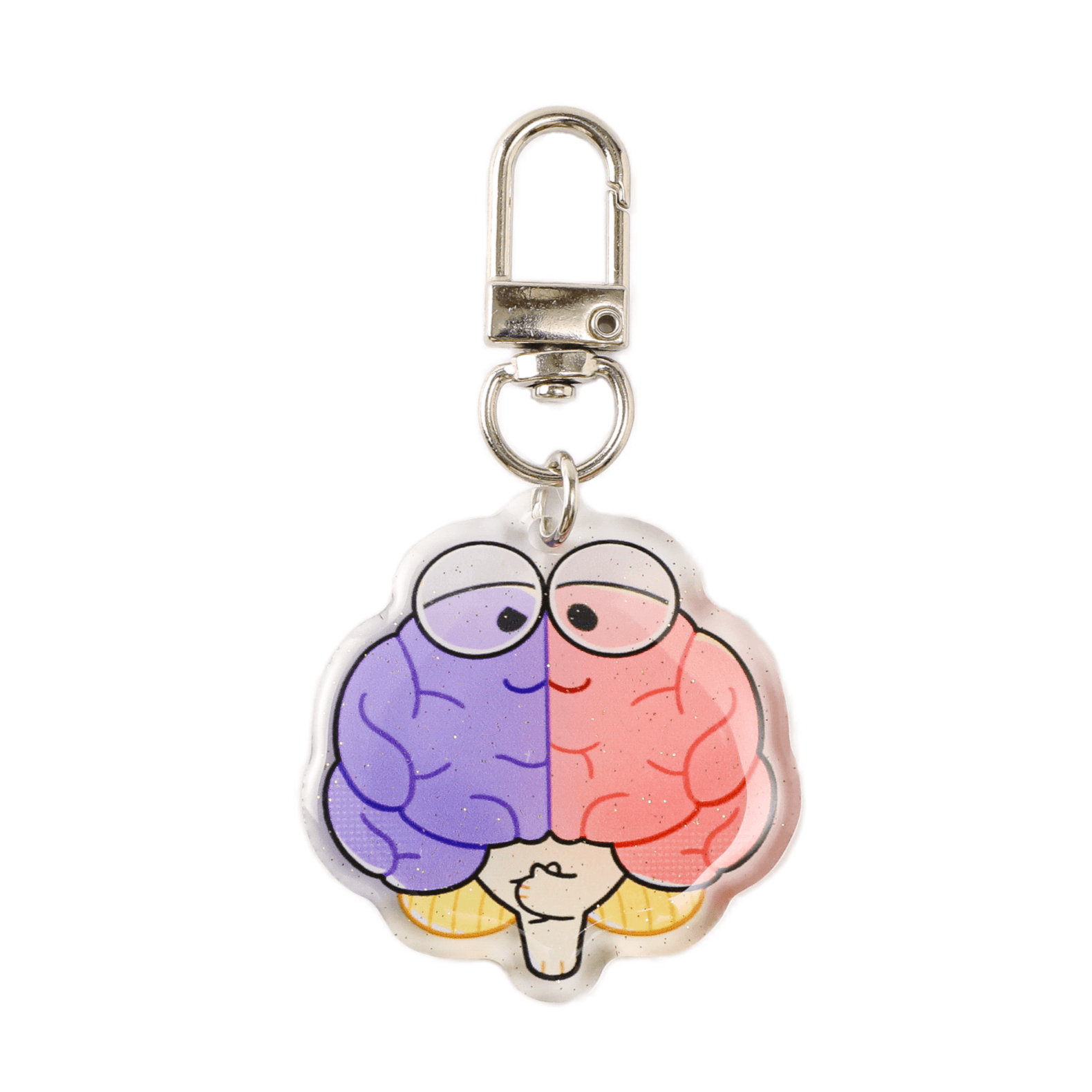 Split-color brain acrylic keychain representing left and right hemispheres, featuring a smiling cartoon face, glitter finish, and durable metal clasp.