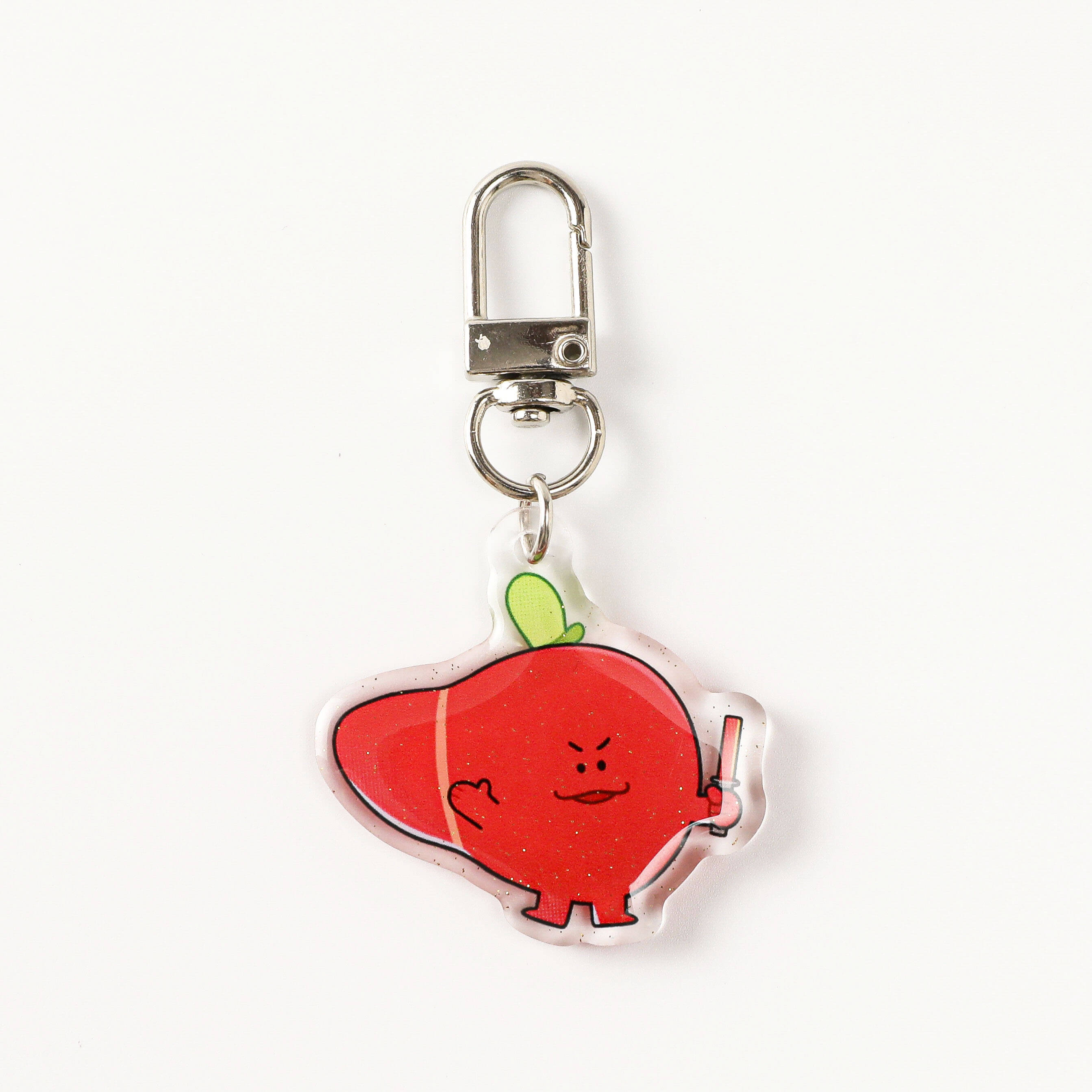 Red liver organ acrylic charm featuring a playful character design with durable hardware, ideal for decorating keys, backpacks, or anatomy gift collections.