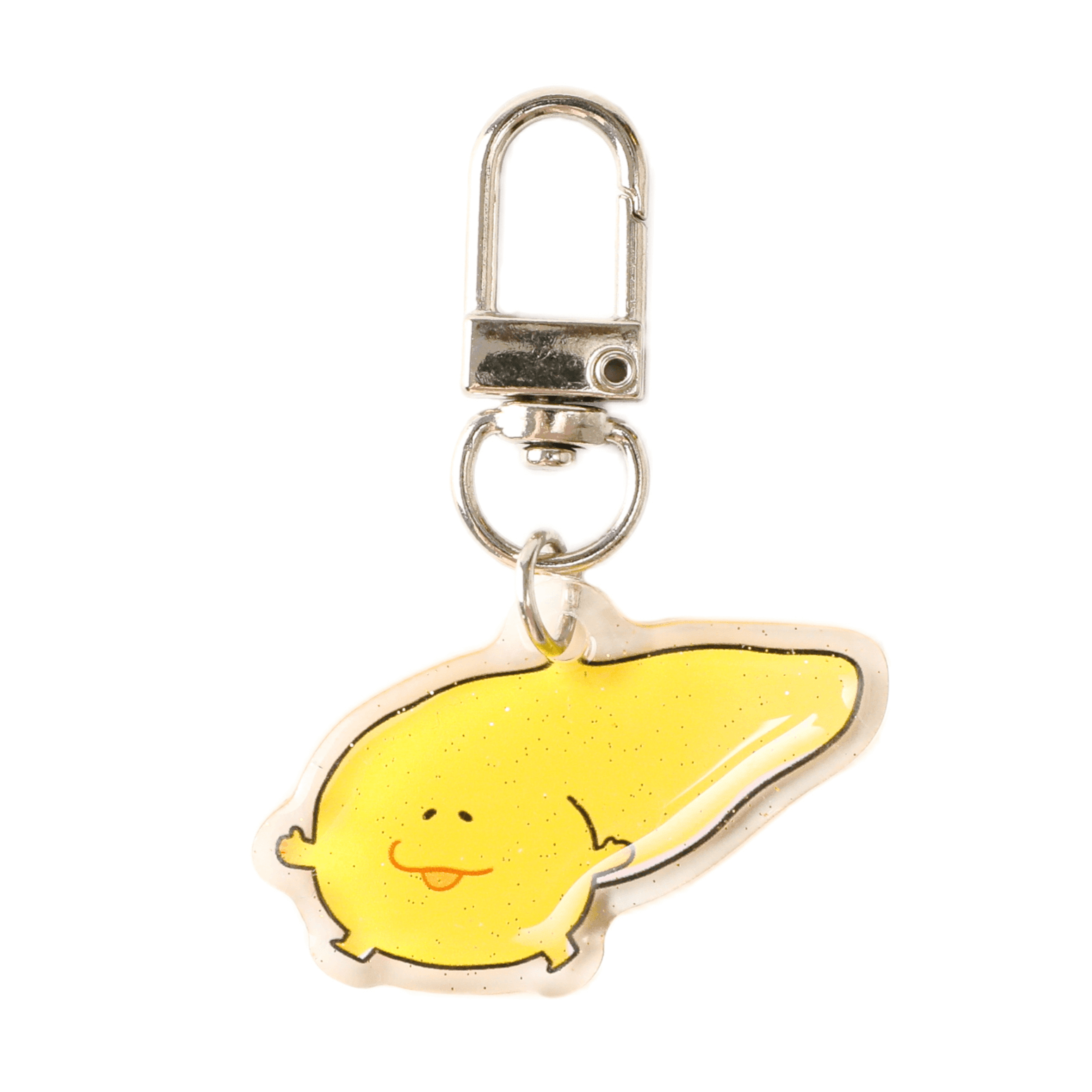 Smiling pancreas acrylic keychain with glitter finish and polished metal clasp, a cheerful organ-themed accessory for science lovers and everyday carry.