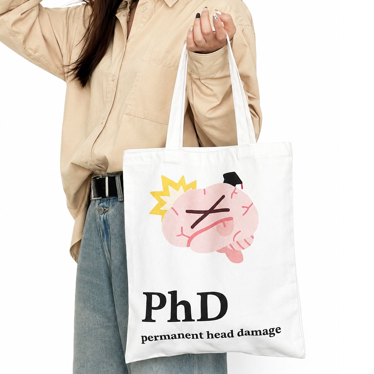 Novelty science-inspired tote bag showcasing a playful PhD brain illustration with a lighthearted academic joke, an ideal gift for graduate school milestones and lab colleagues.