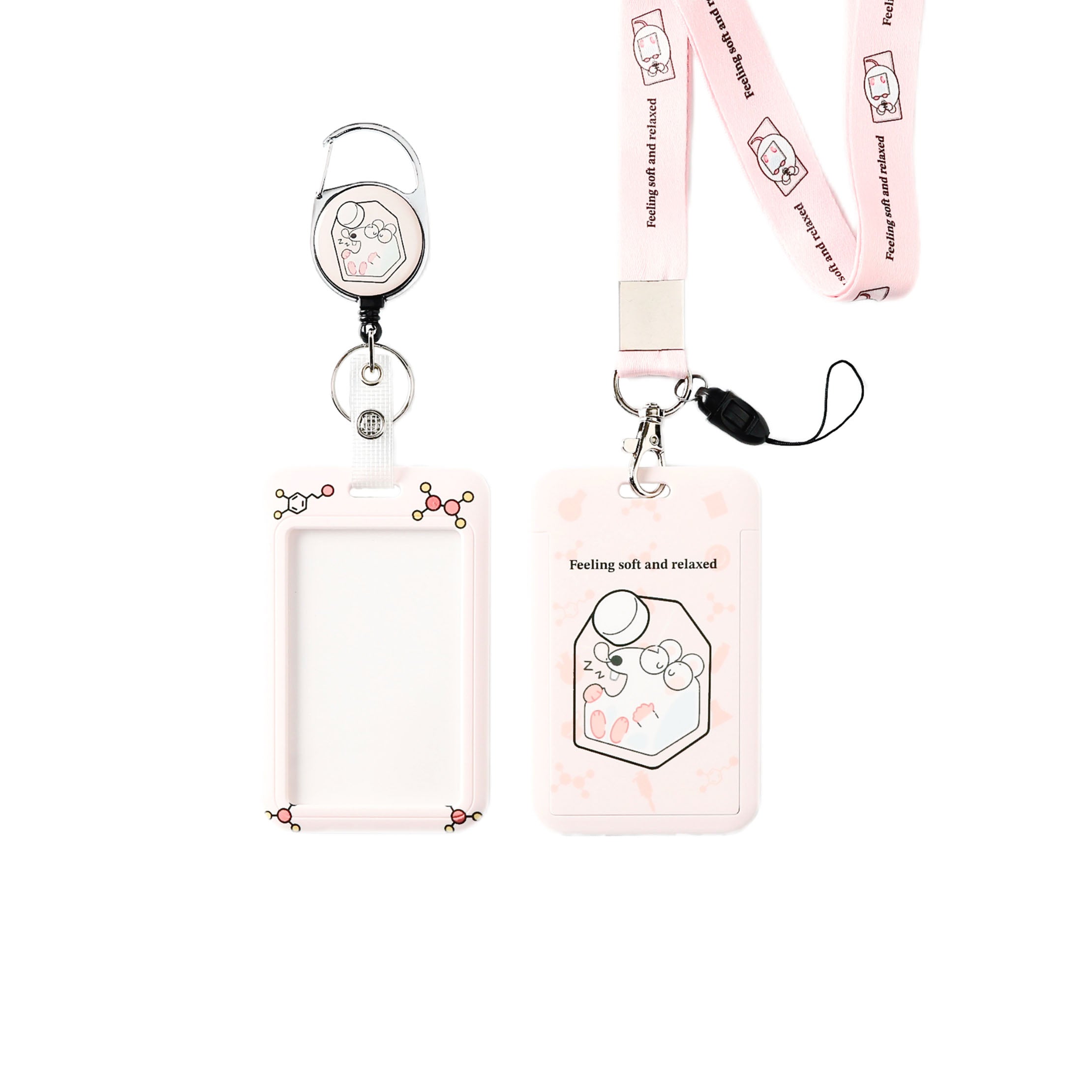 Cute Pink Laboratory Mouse Card Holder Set with Retractable Badge Reel and Lanyard for ID Cards