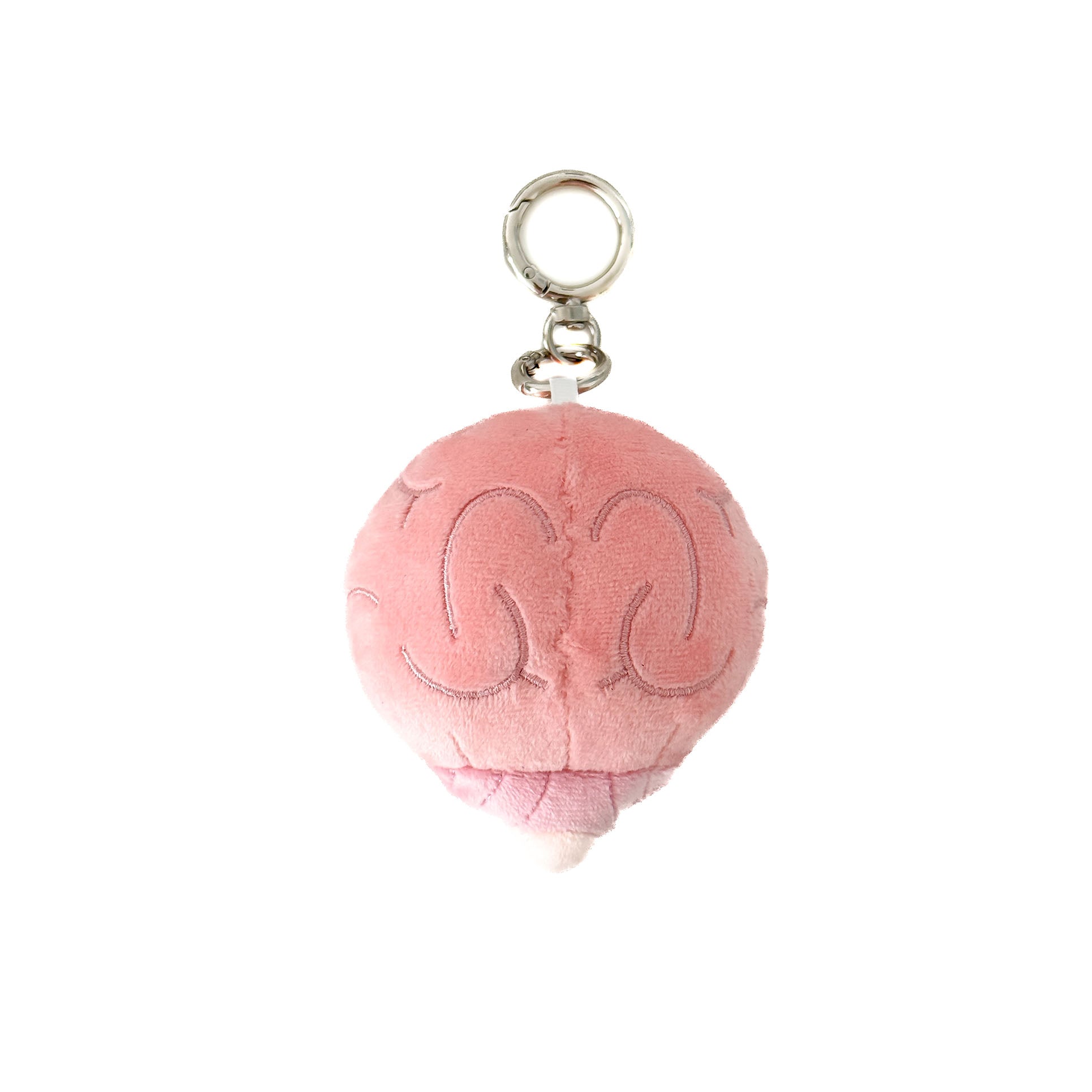 Soft pink brain organ plush keychain featuring a kawaii expression and durable metal keychain clasp.