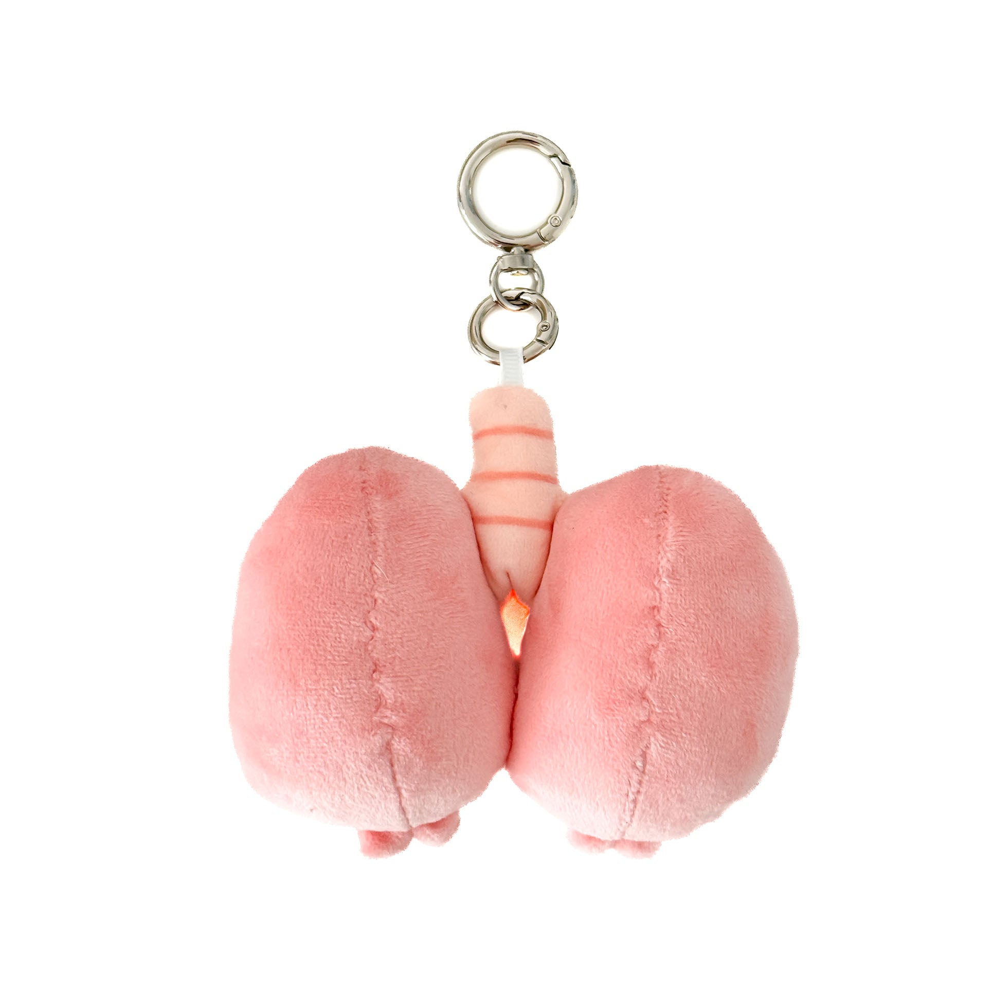 Soft pink lung organ plush keychain featuring a kawaii expression and durable metal keychain clasp.