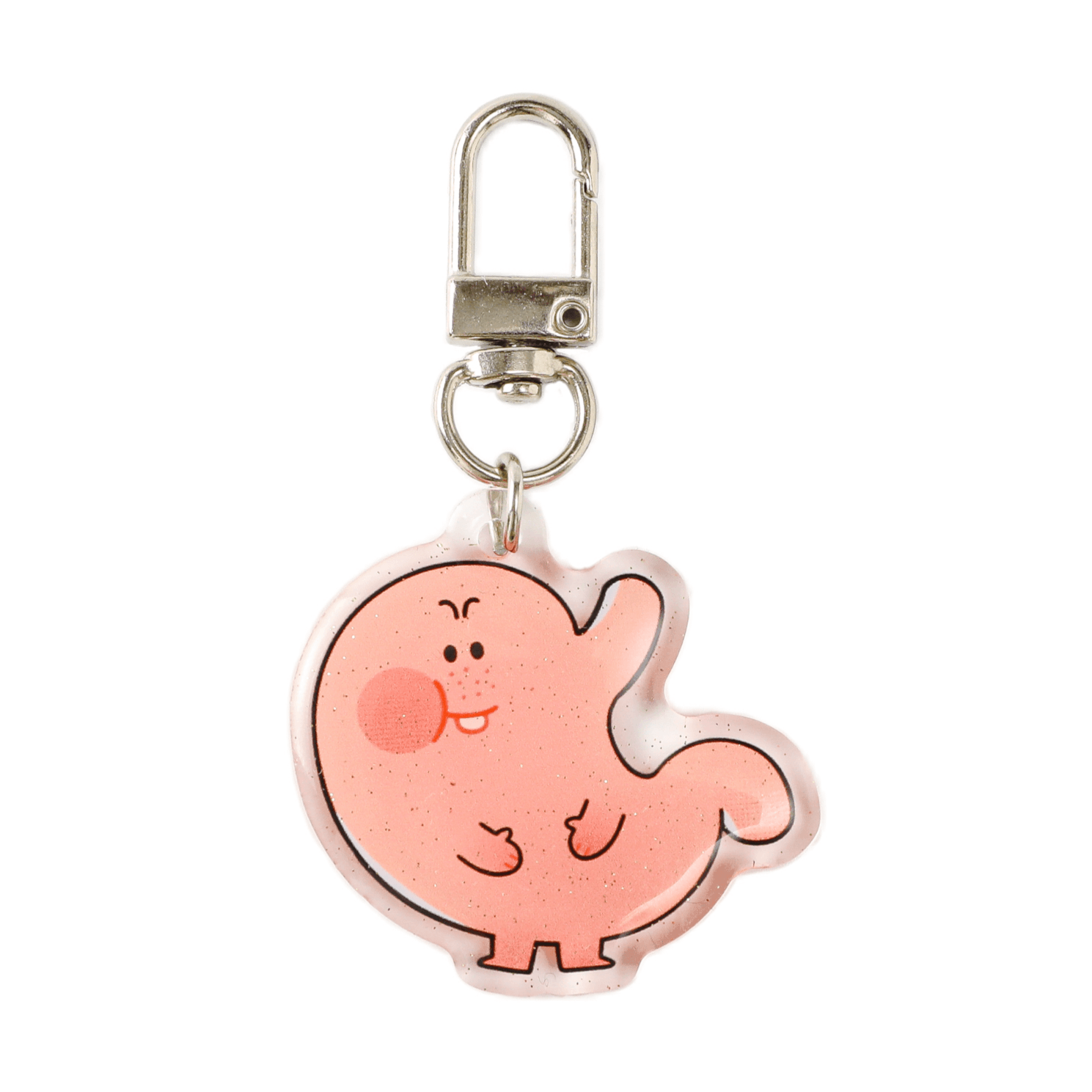 Cute pink stomach acrylic keychain with a glitter finish and sturdy metal hardware, a lighthearted anatomy-inspired accessory for science lovers and daily use.