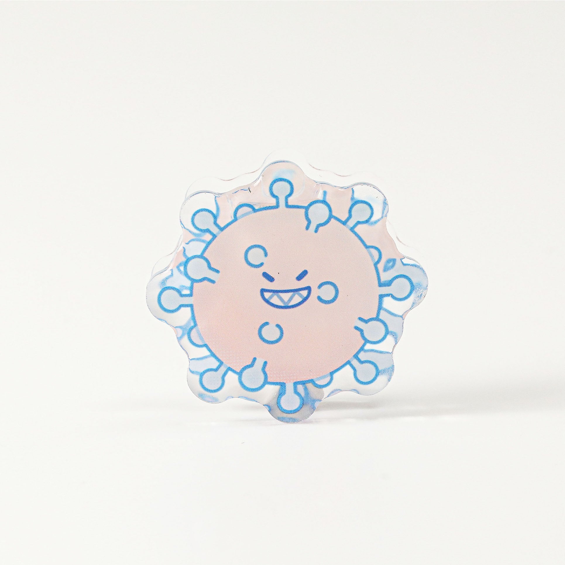 Smiling pink microbe acrylic document clip featuring a transparent layered finish, perfect for holding loose papers, bookmarks, and reading notes.