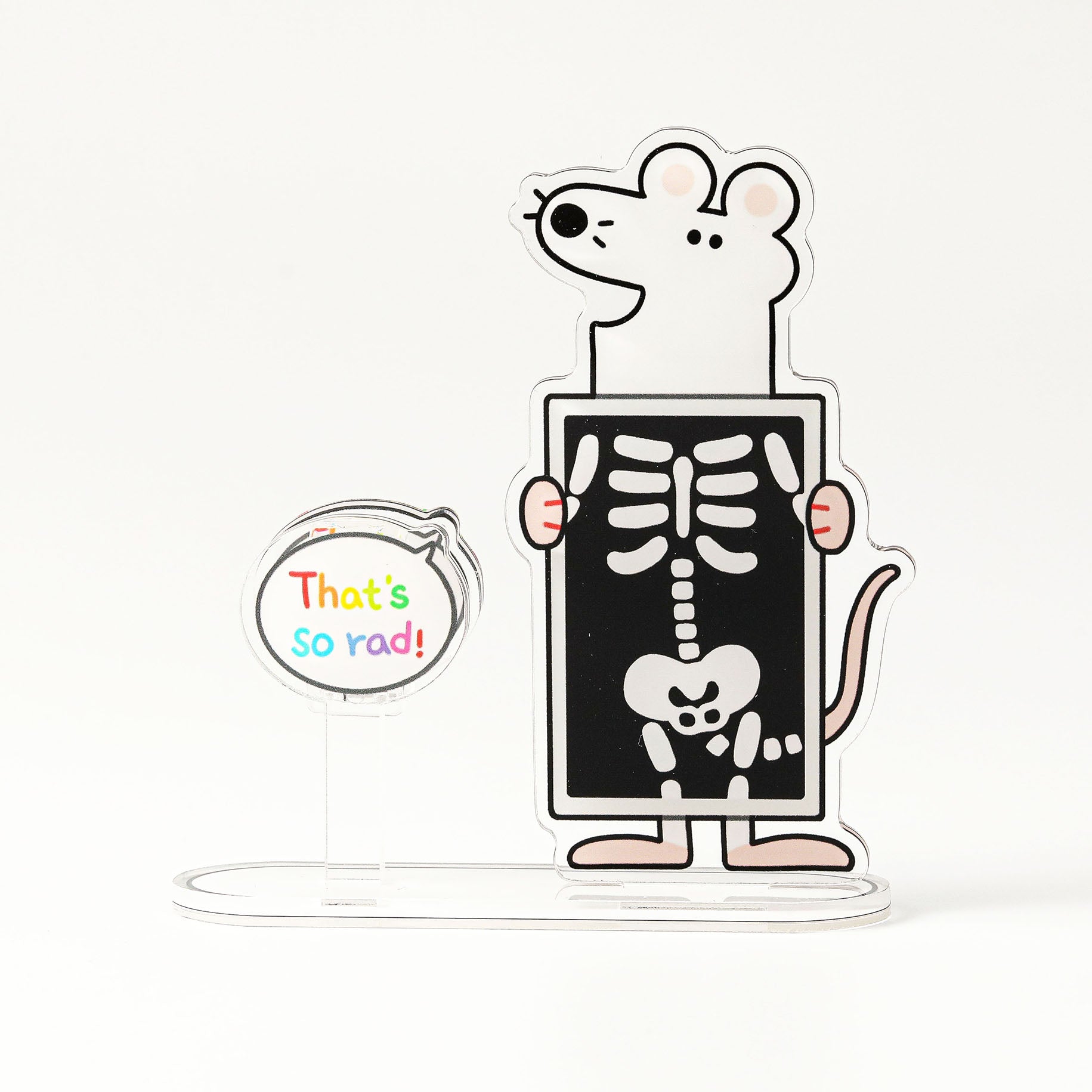 Cartoon laboratory mouse acrylic clip stand with X-ray skeleton design, ideal for displaying memos, reminders, and small cards on a desk.