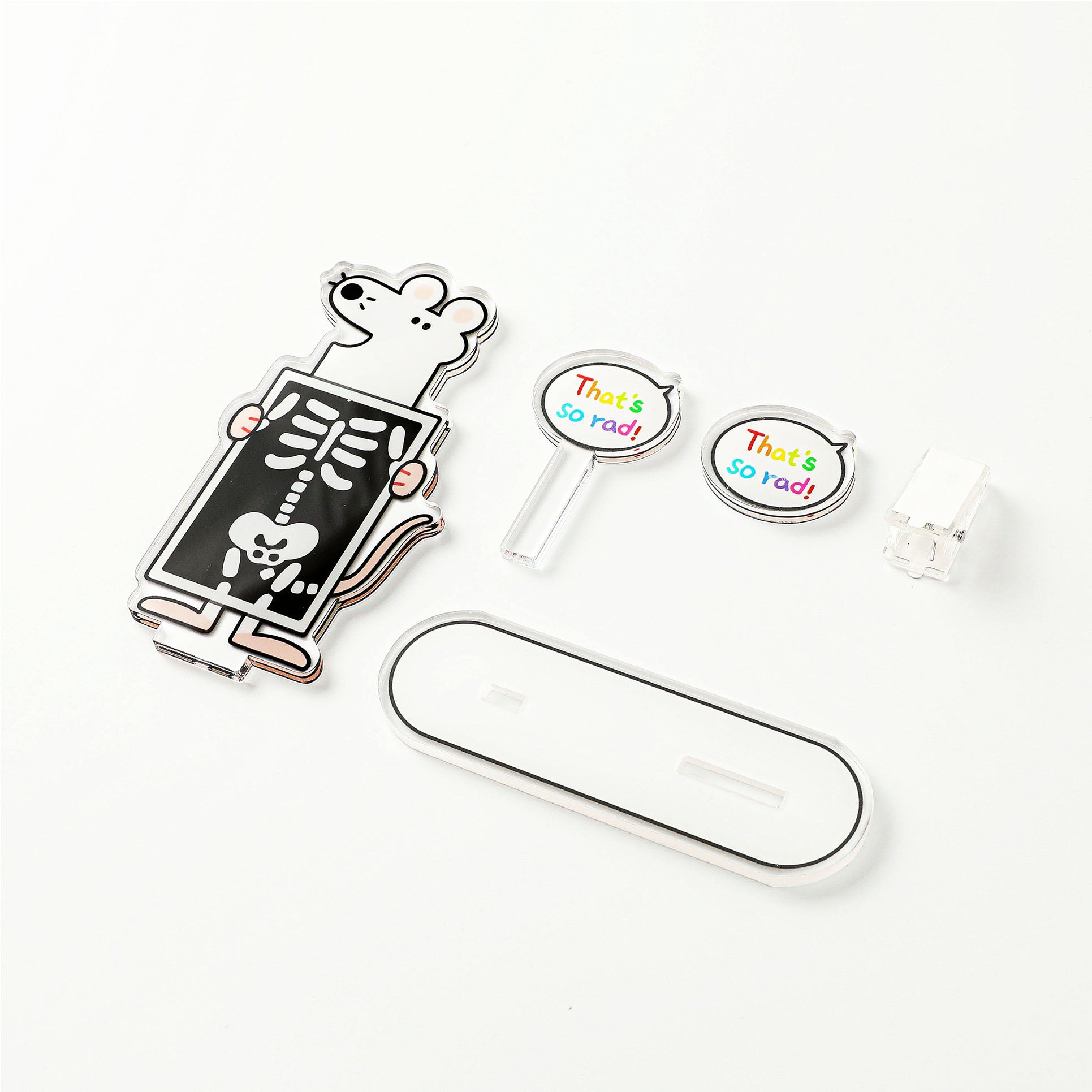 Acrylic mouse PP clip featuring a playful skeleton illustration with interchangeable accessories for organizing notes and decorating workspaces.