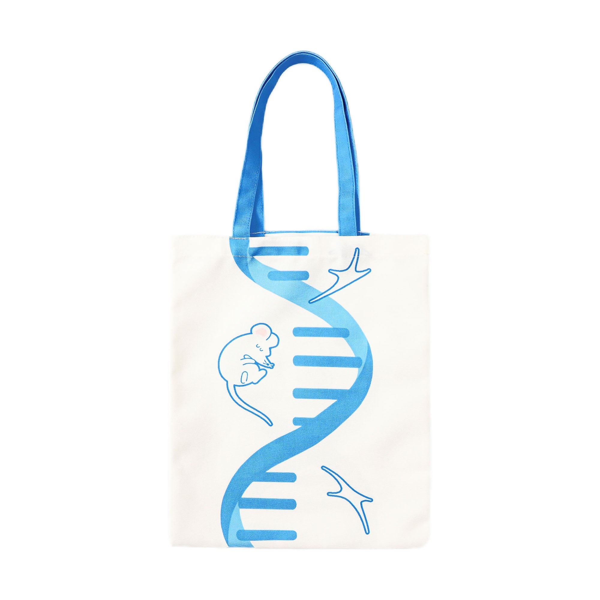 Eco-friendly white canvas shoulder bag with oversized blue helix artwork and a charming science mouse graphic, making a thoughtful gift for biology and laboratory fans.